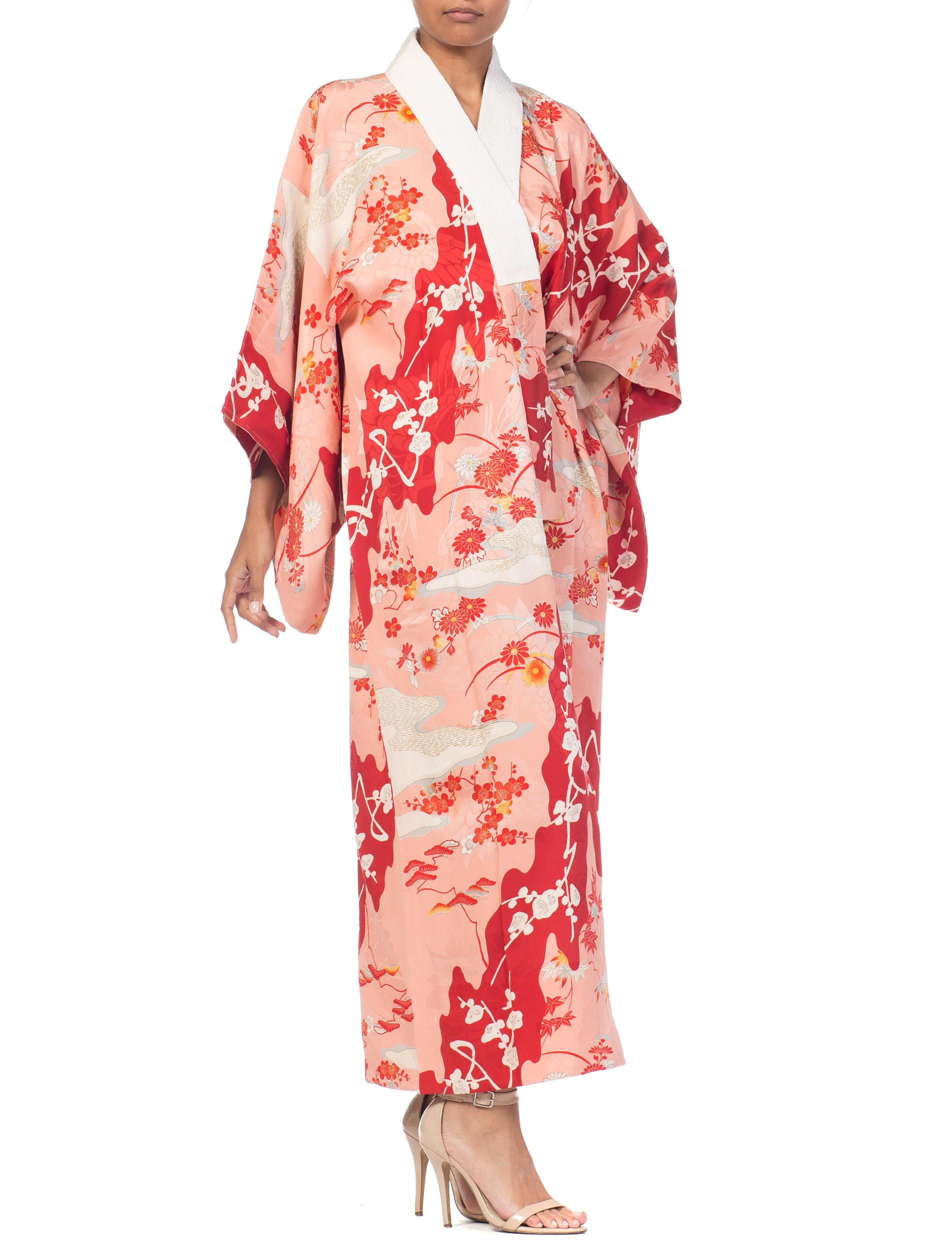 Women's 1960S Salmon Japanese Silk Kimono With Cherry Blossoms & Crystal Ties
