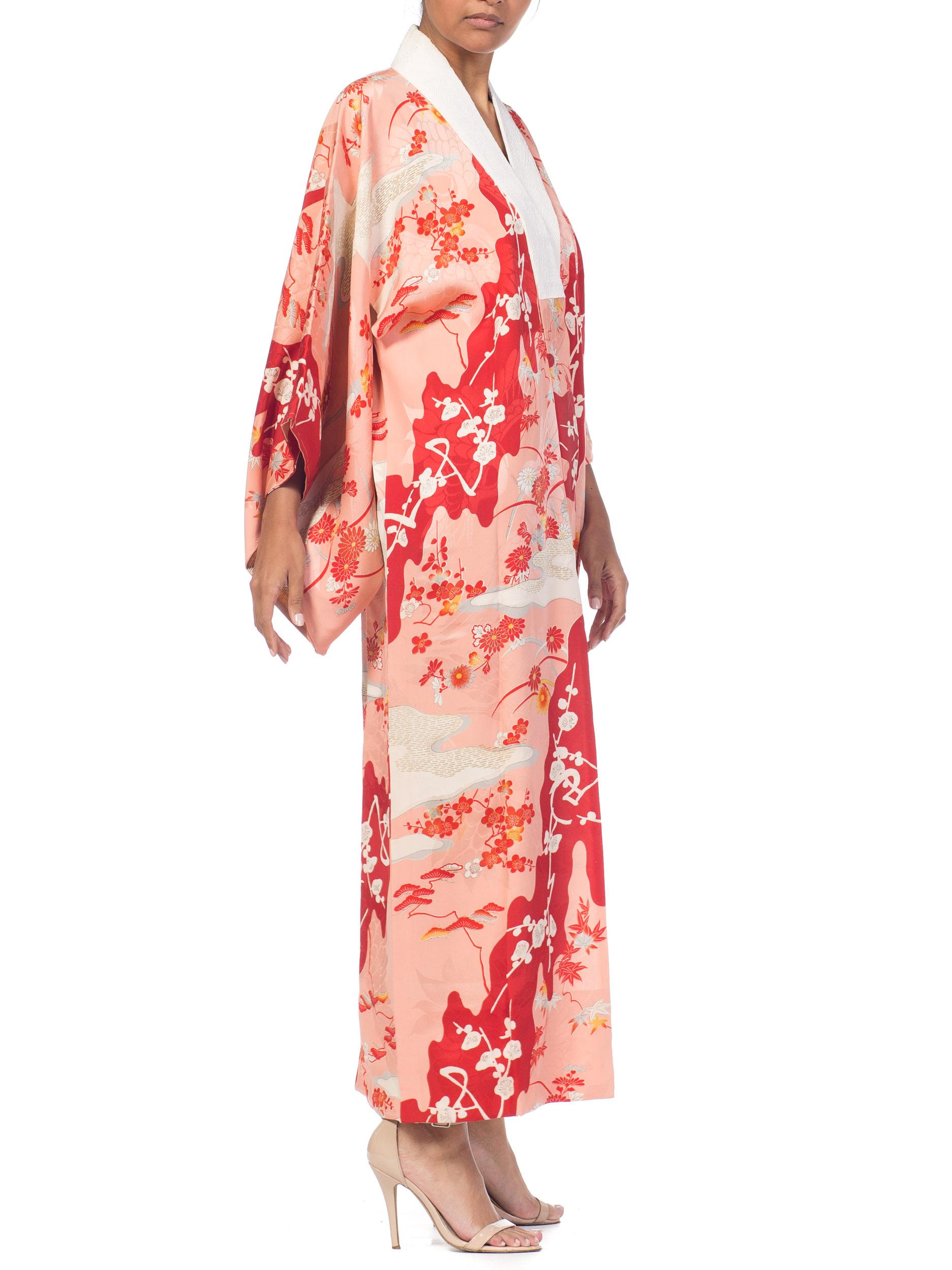 1960S Salmon Japanese Silk Kimono With Cherry Blossoms & Crystal Ties 1