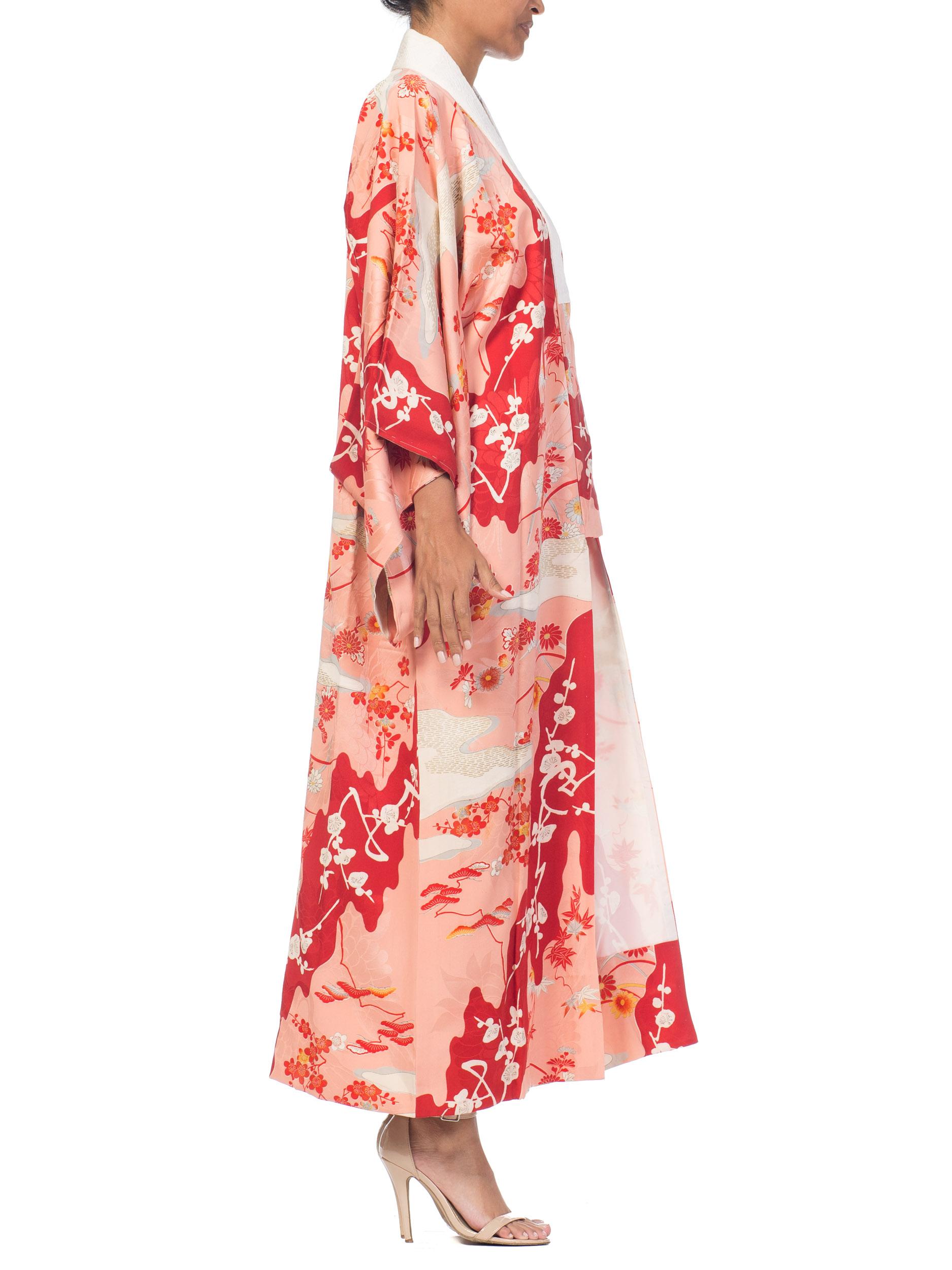 1960S Salmon Japanese Silk Kimono With Cherry Blossoms & Crystal Ties 2