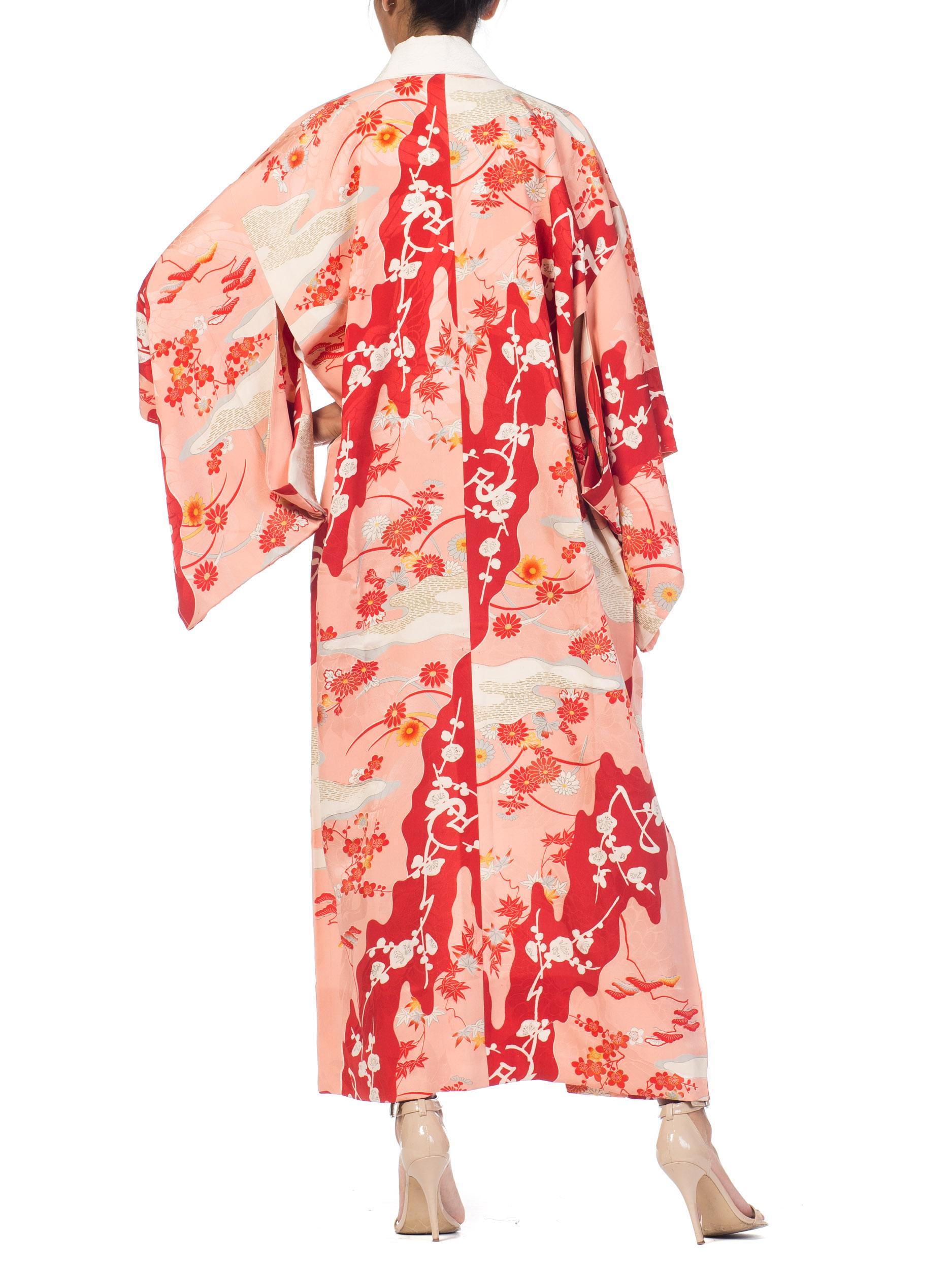 1960S Salmon Japanese Silk Kimono With Cherry Blossoms & Crystal Ties 4