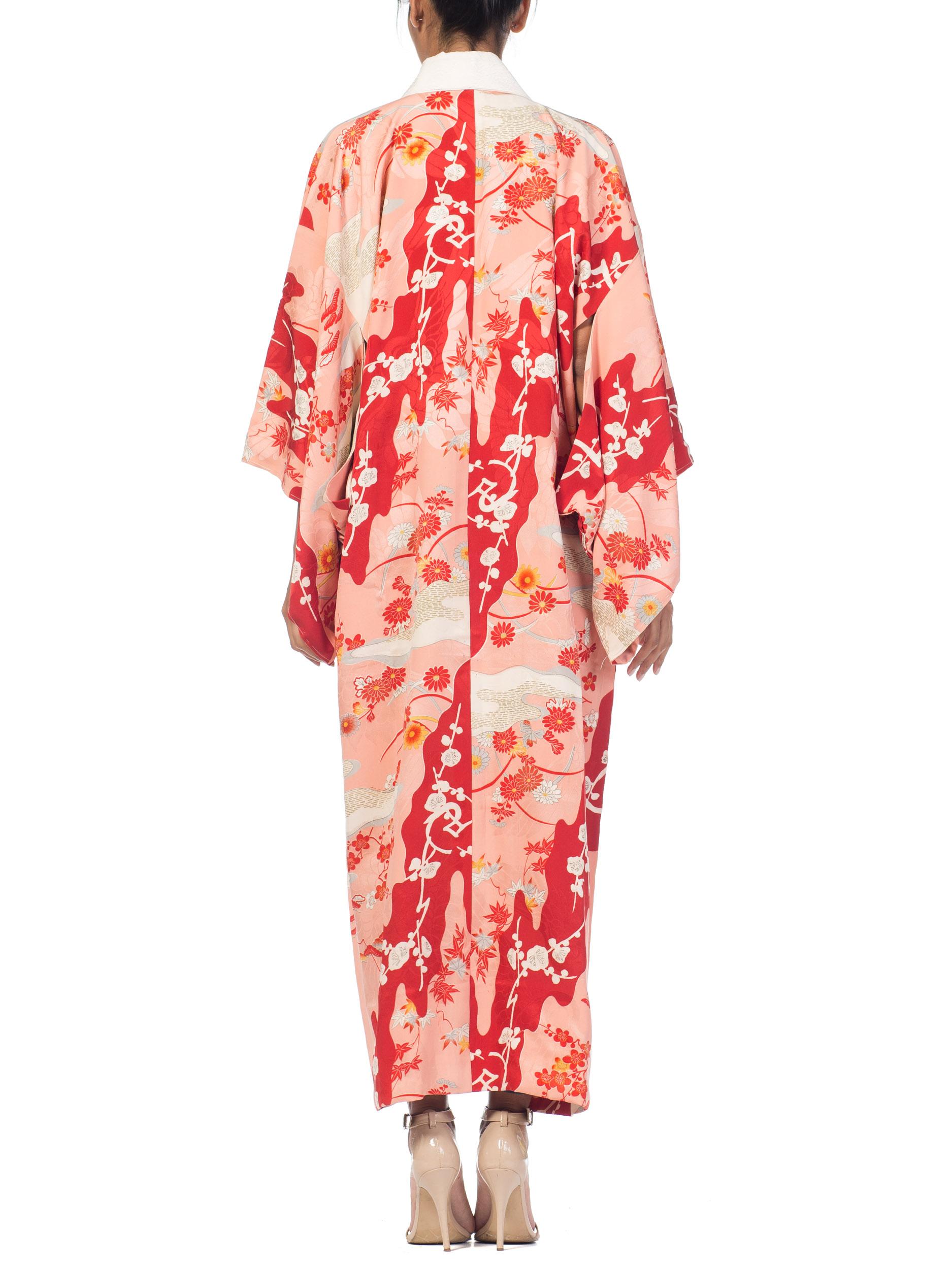 1960S Salmon Japanese Silk Kimono With Cherry Blossoms & Crystal Ties 5