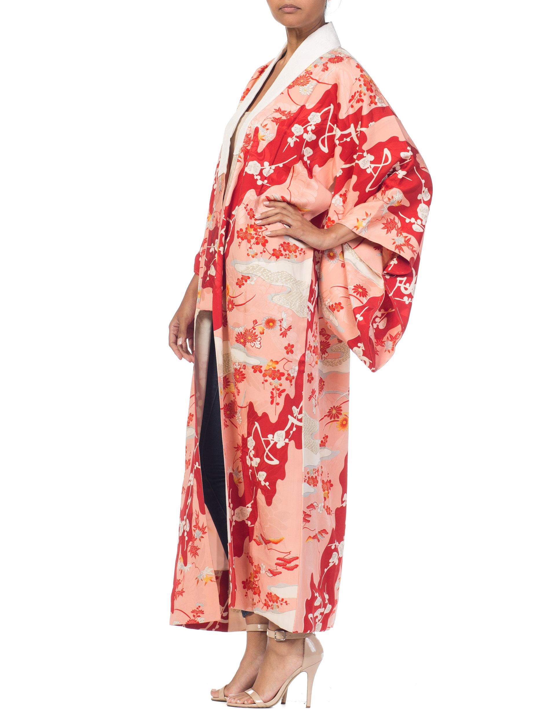 1960S Salmon Japanese Silk Kimono With Cherry Blossoms & Crystal Ties 6