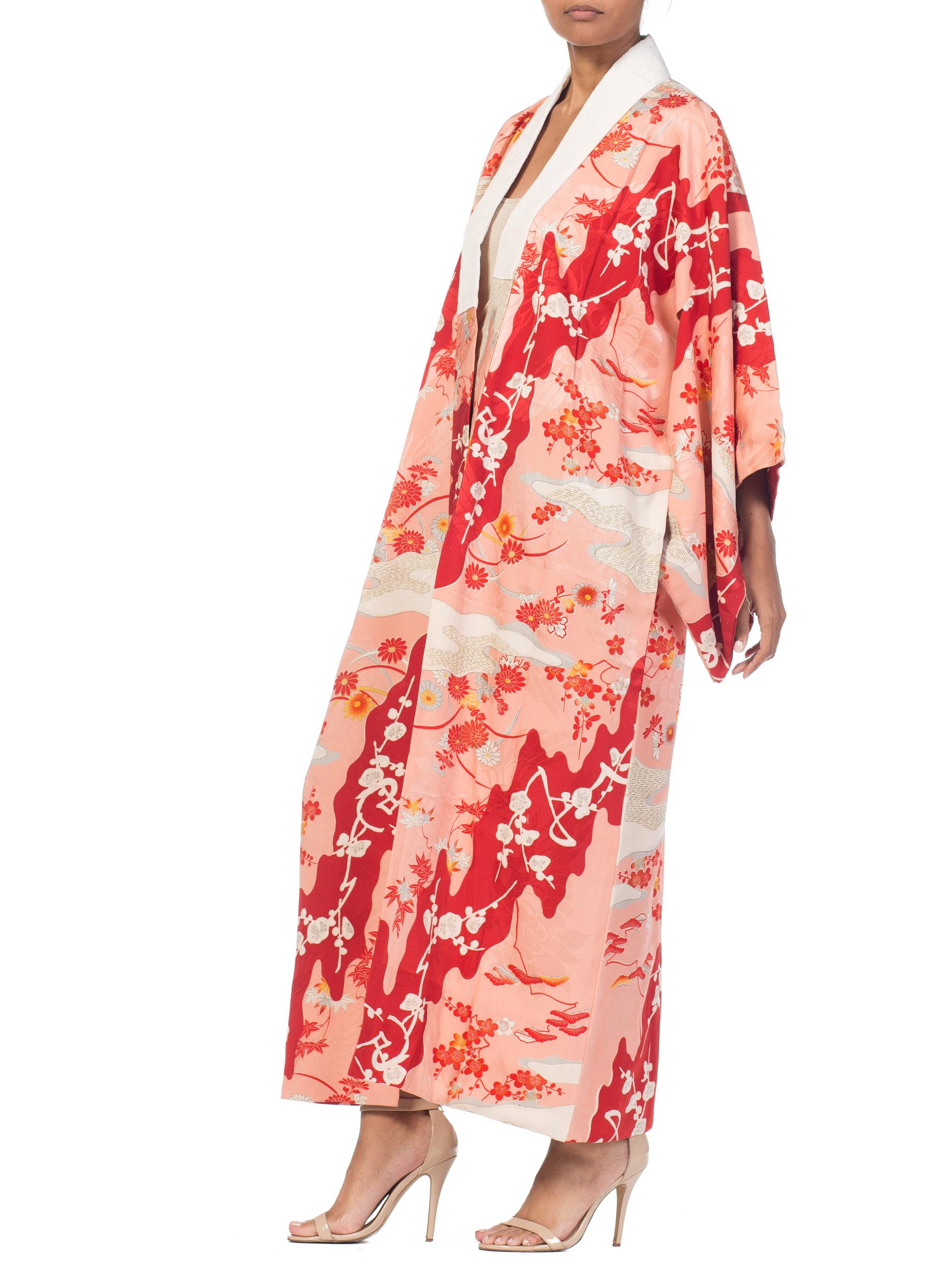 1960S Salmon Japanese Silk Kimono With Cherry Blossoms & Crystal Ties 7