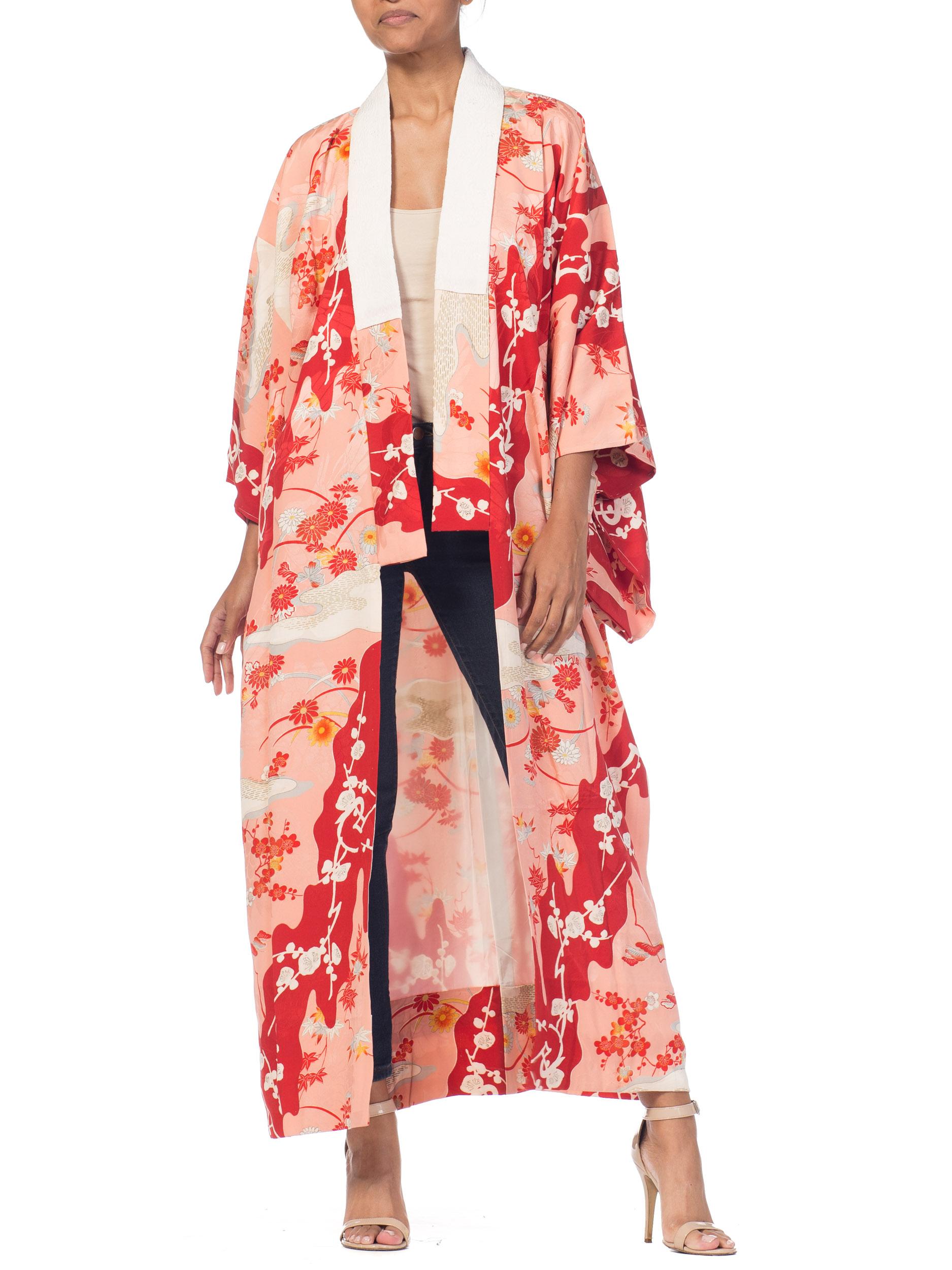 1960S Salmon Japanese Silk Kimono With Cherry Blossoms & Crystal Ties 8