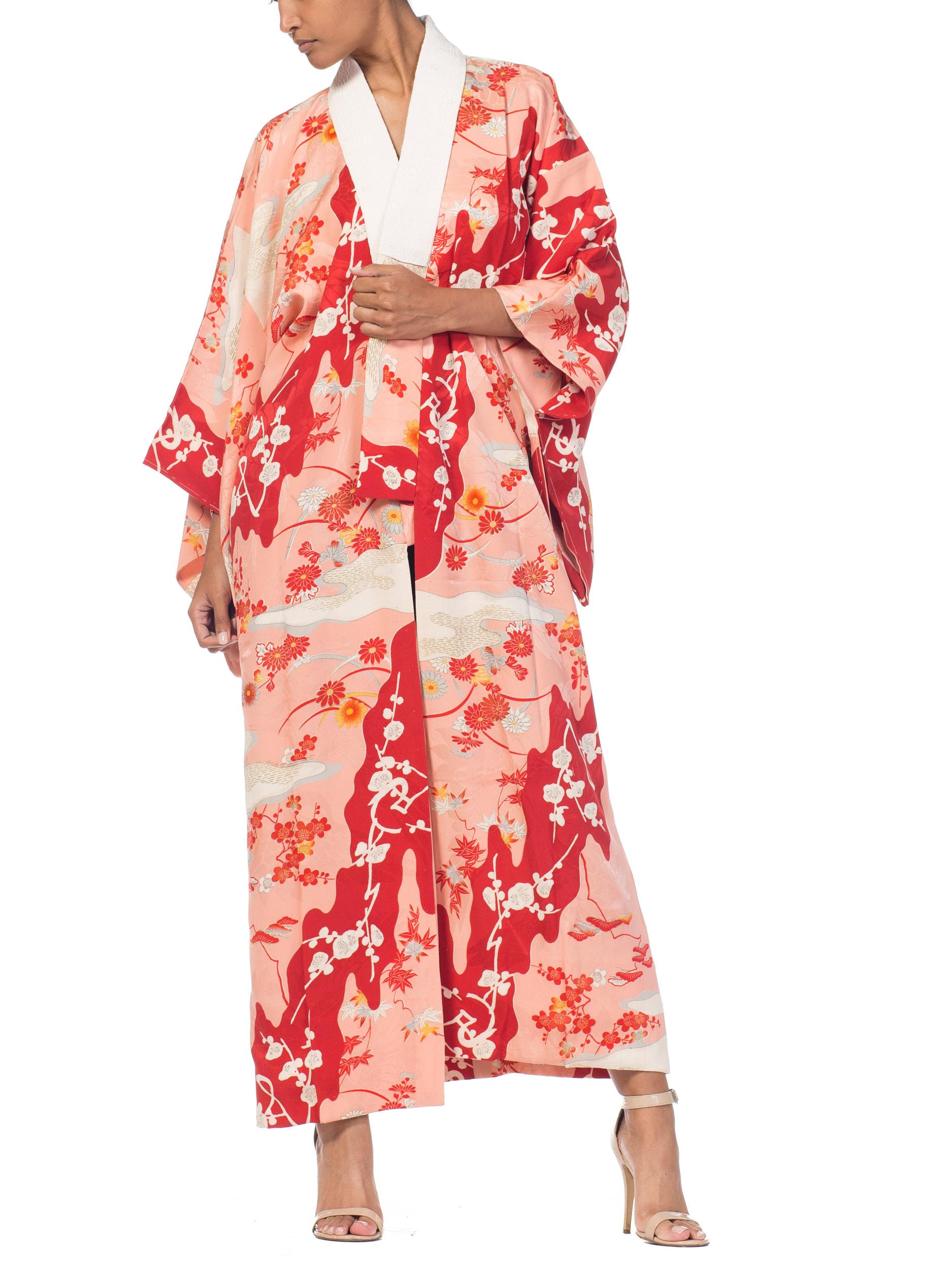 1960S Salmon Japanese Silk Kimono With Cherry Blossoms & Crystal Ties 9
