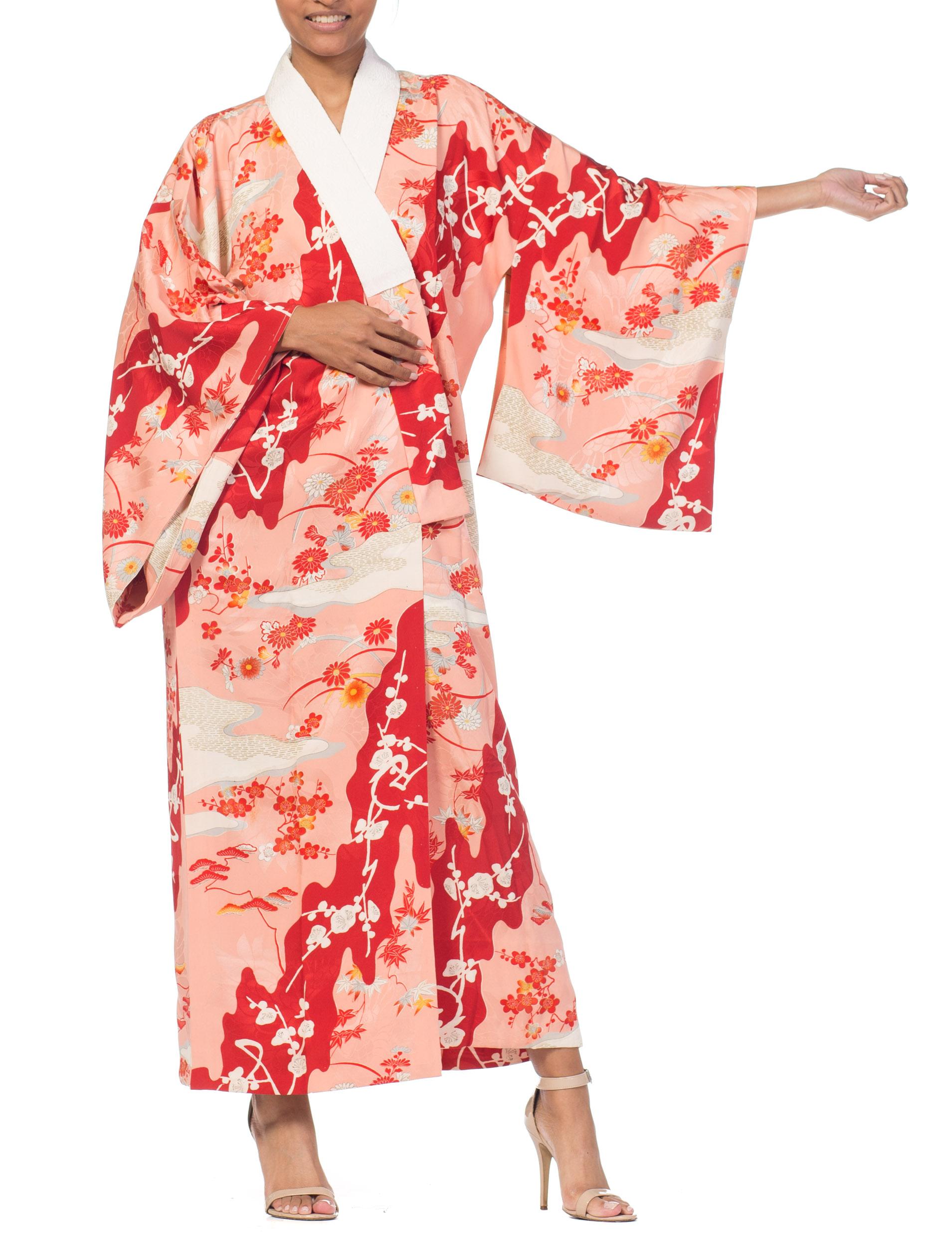 1960S Salmon Japanese Silk Kimono With Cherry Blossoms & Crystal Ties 11