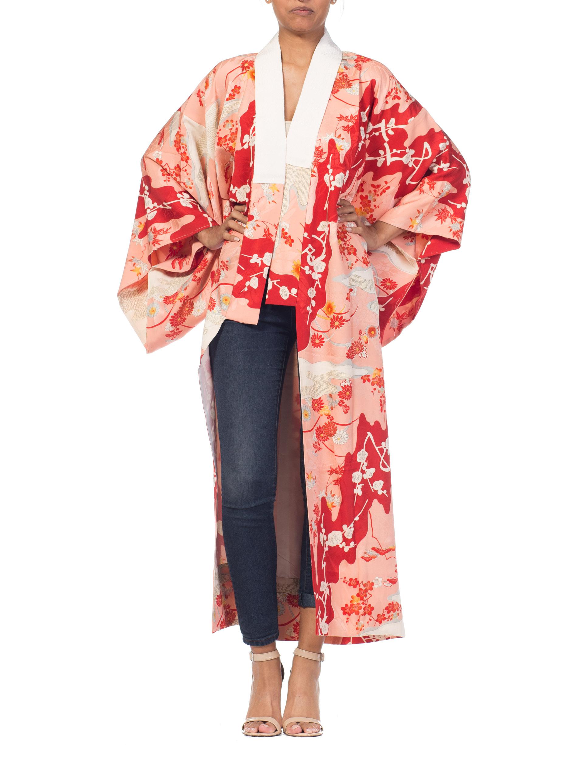 1960S Salmon Japanese Silk Kimono With Cherry Blossoms & Crystal Ties 12