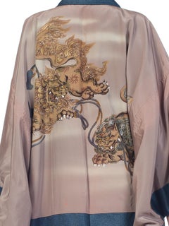 1970S Blue Japanese Silk Hand Painted Fighting Dragon Kimono