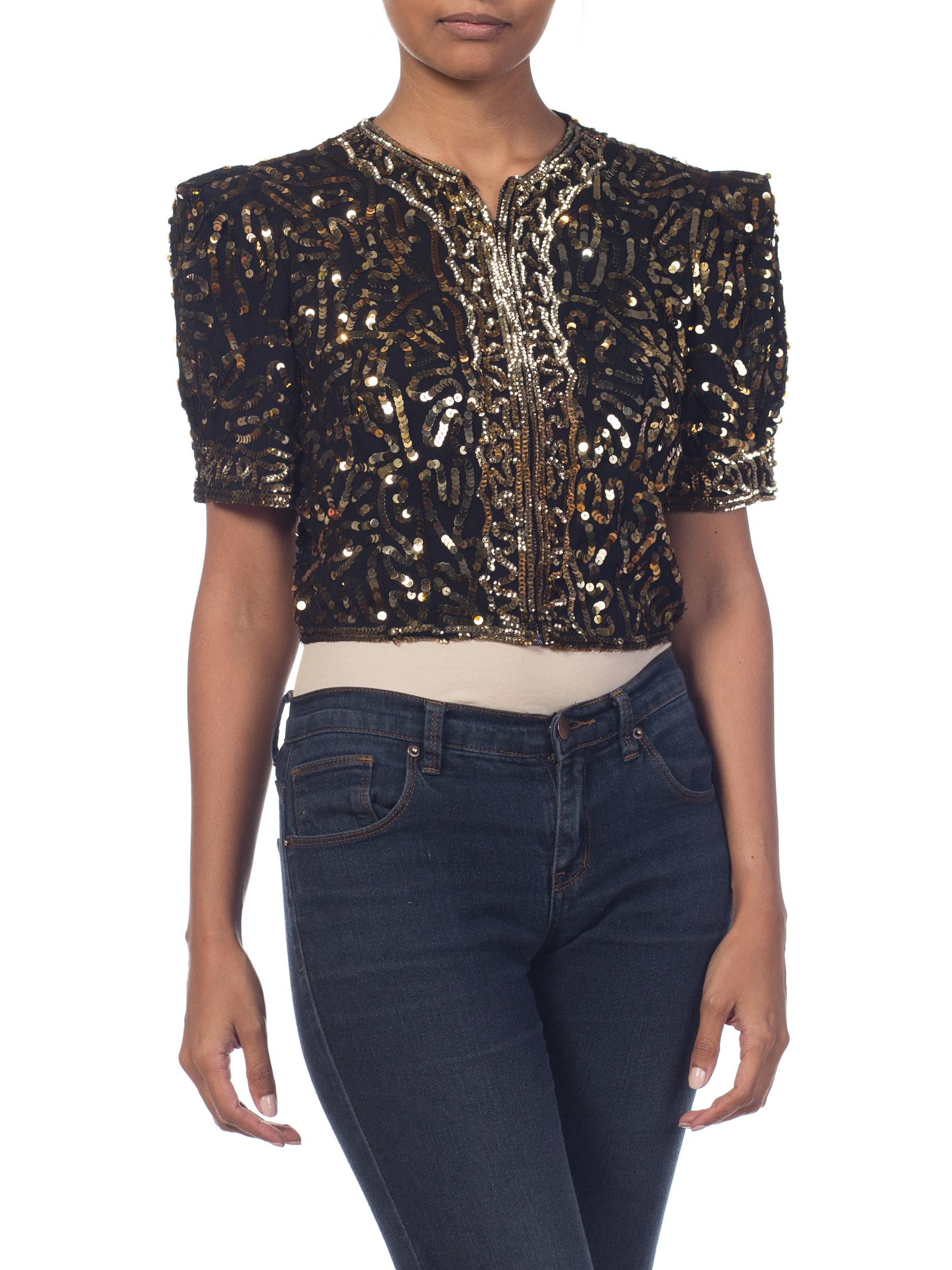 1930S Rayon Crepe Gold Sequined Short Sleeve Zipper Front Dinner Jacket Excellent état - En vente à New York, NY