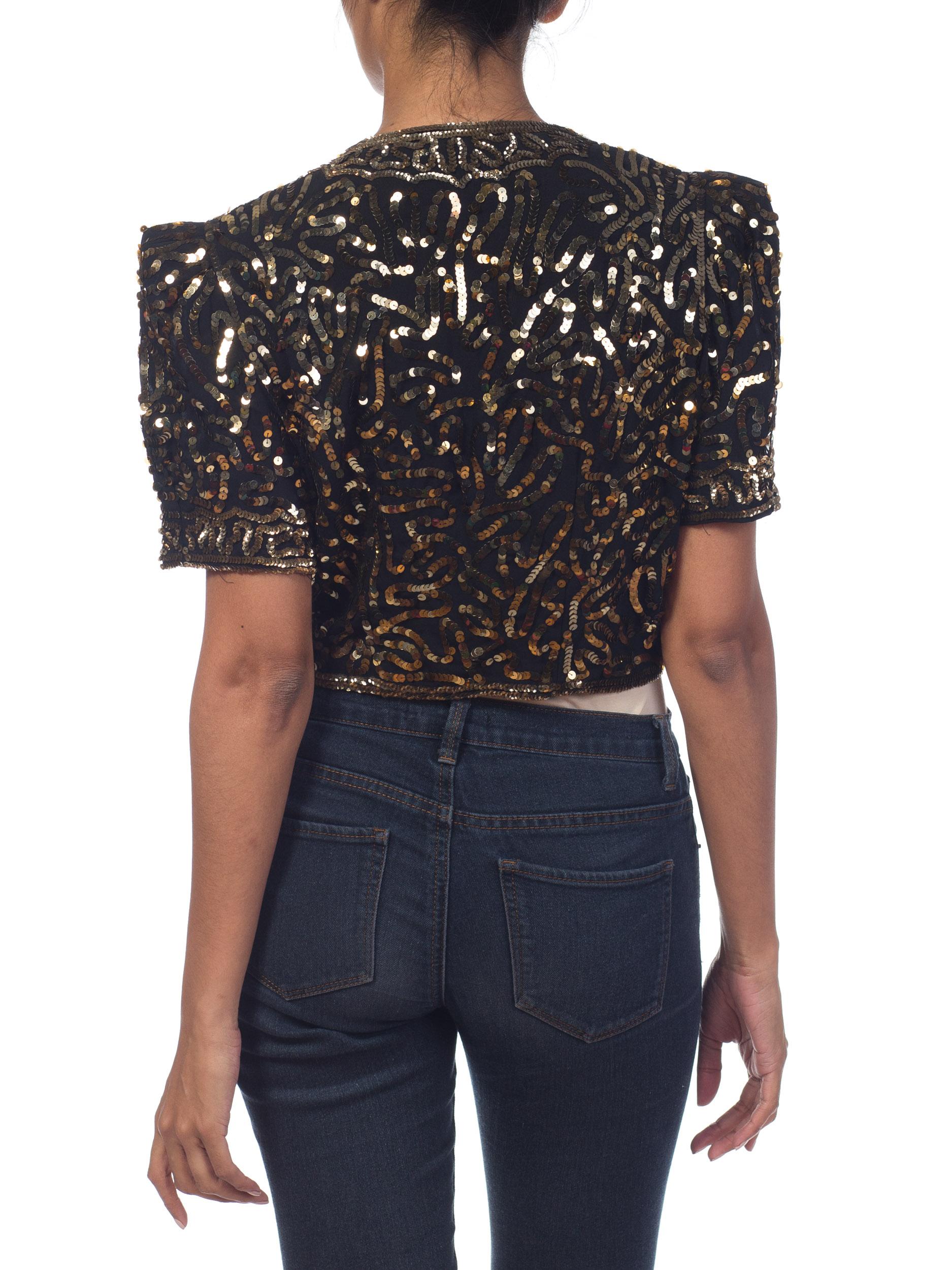 1930S Rayon Crepe Gold Sequined Short Sleeve Zipper Front Dinner Jacket en vente 3