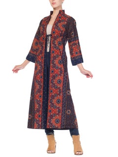 1970S I MAGNIN Brown & Blue Cotton South East Asian Batik Print Duster Kaftan