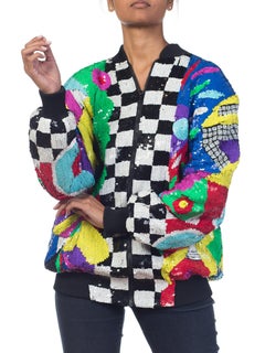 1980S Multicolor Sequin Abstract Art Bomber Jacket