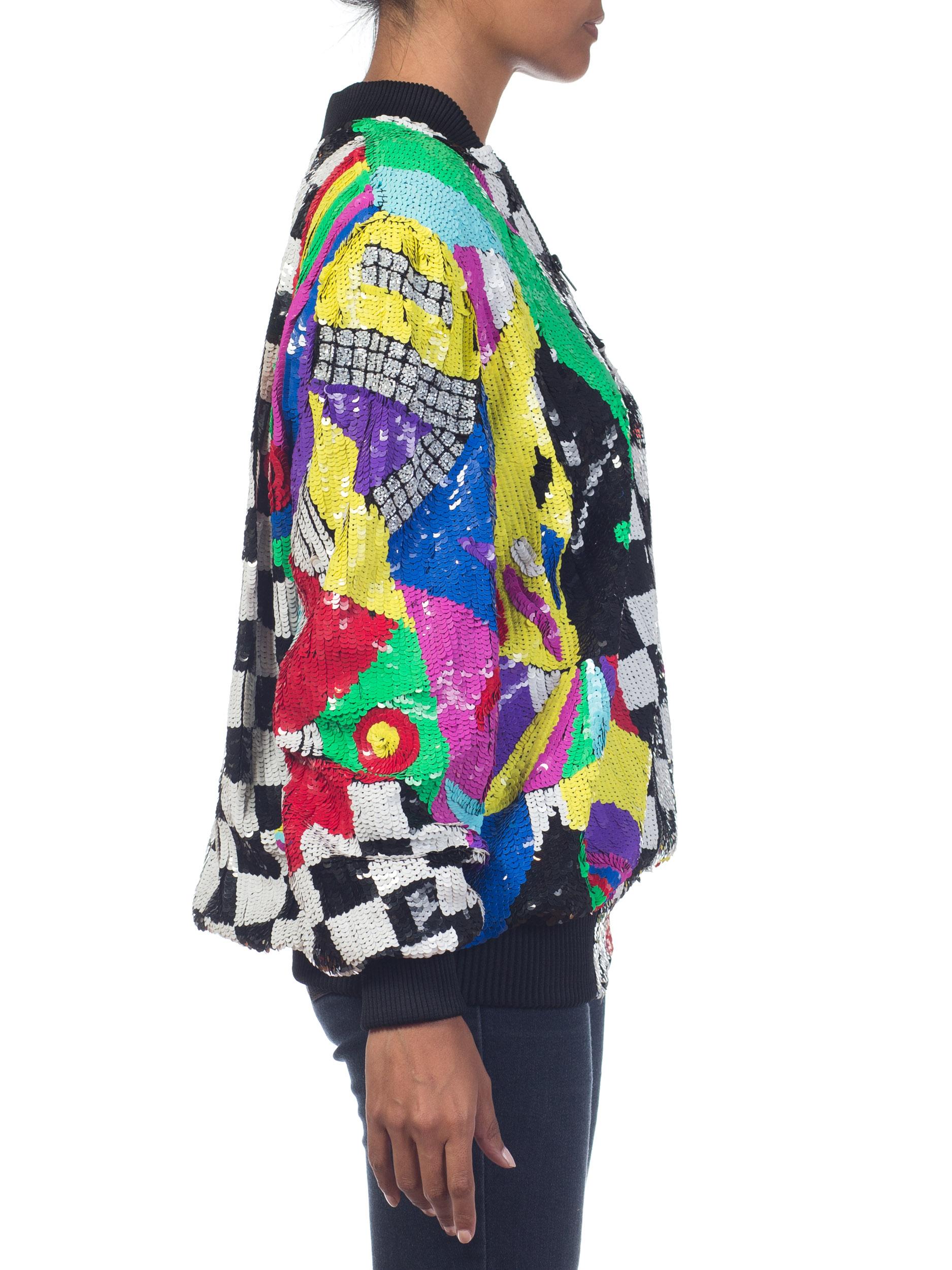 Purple 1980S Multicolor Sequin Abstract Art Bomber Jacket