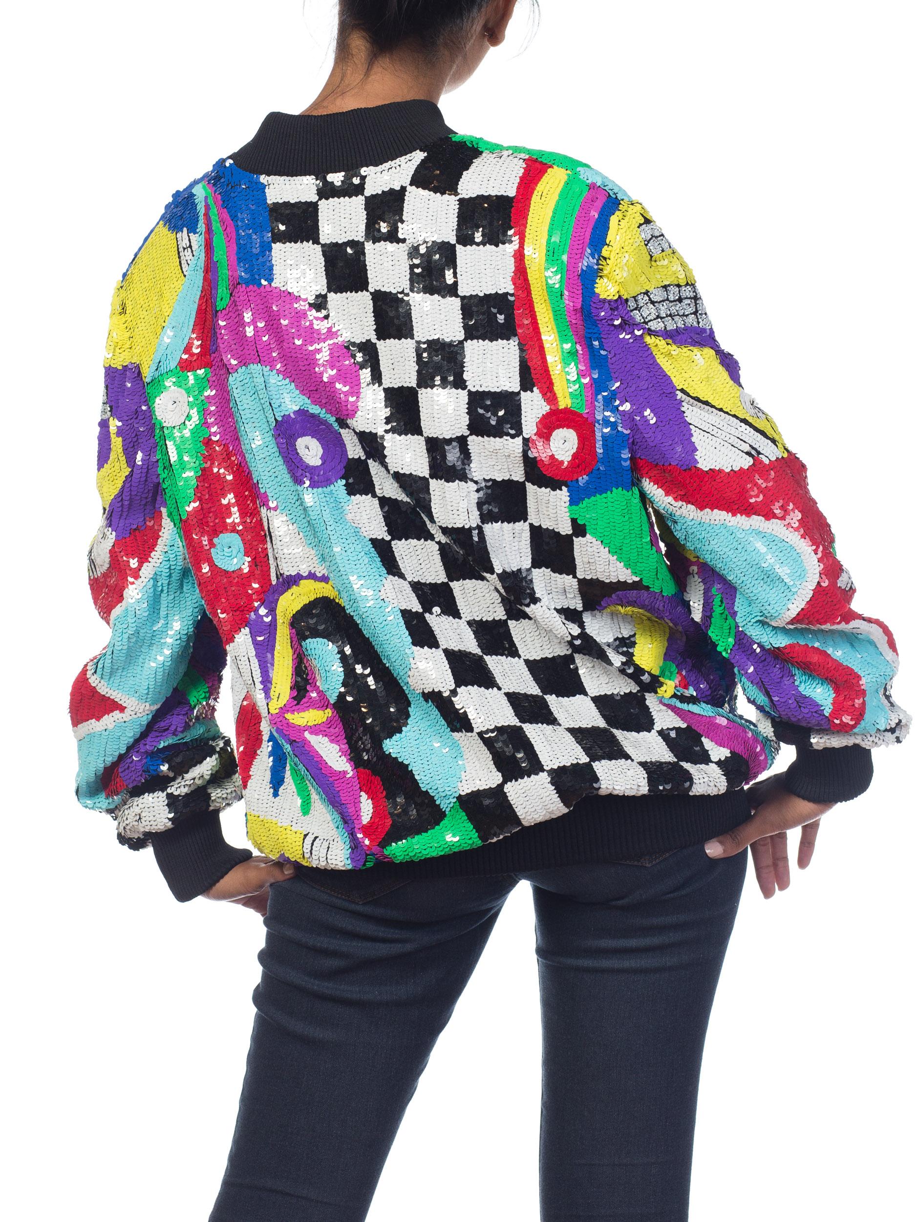 1980S Multicolor Sequin Abstract Art Bomber Jacket In Excellent Condition In New York, NY