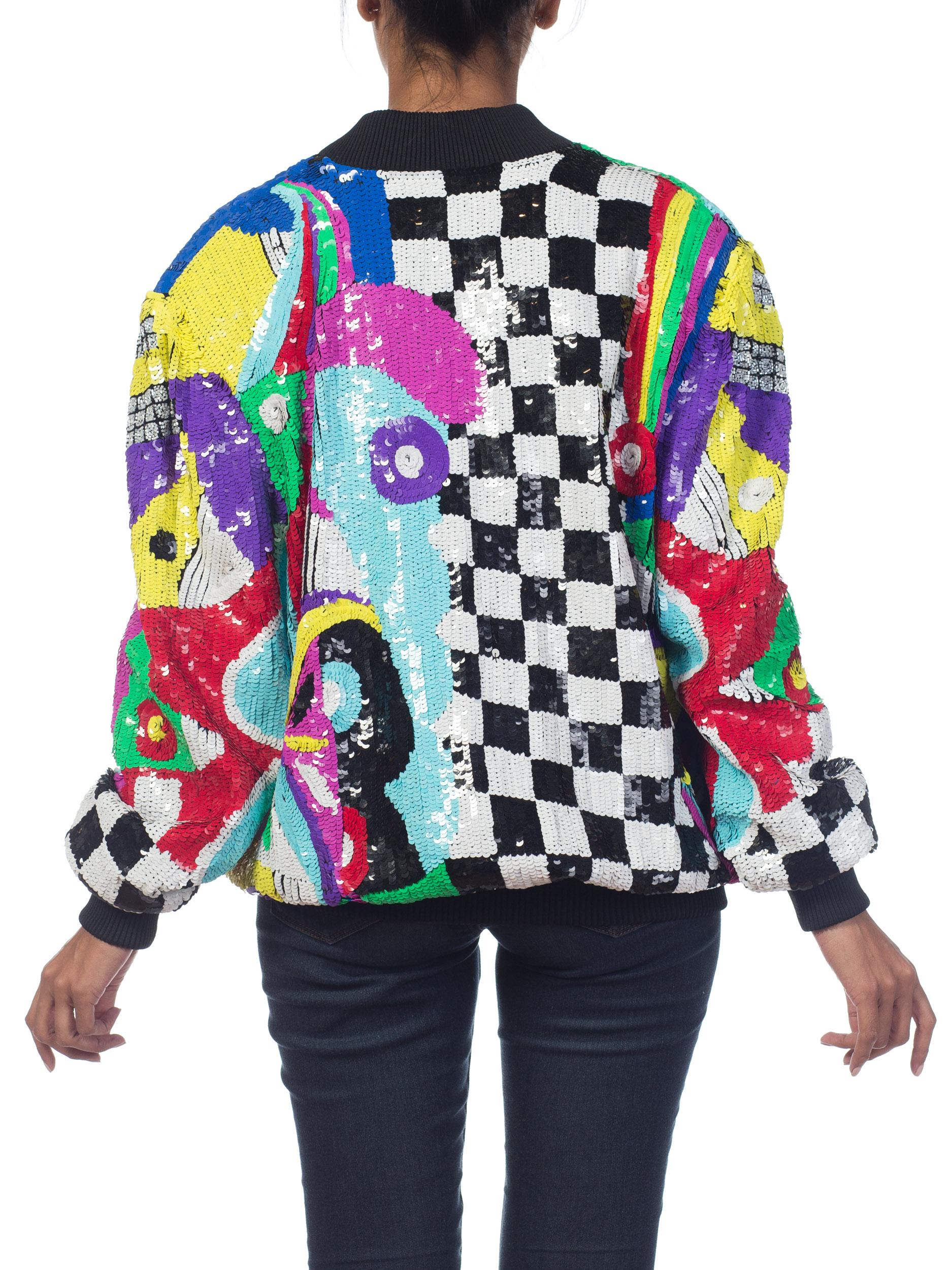 Women's 1980S Multicolor Sequin Abstract Art Bomber Jacket