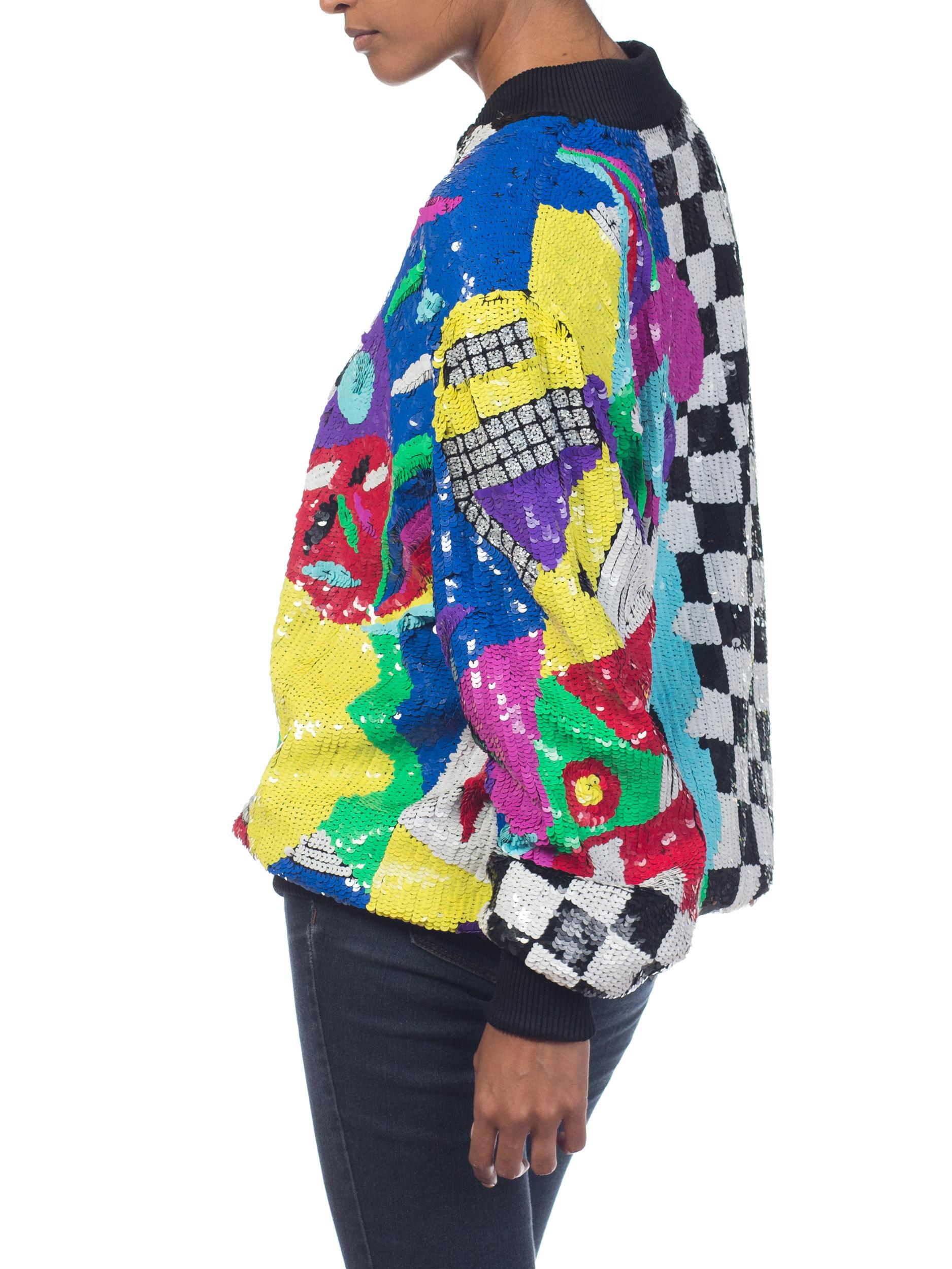1980S Multicolor Sequin Abstract Art Bomber Jacket 1