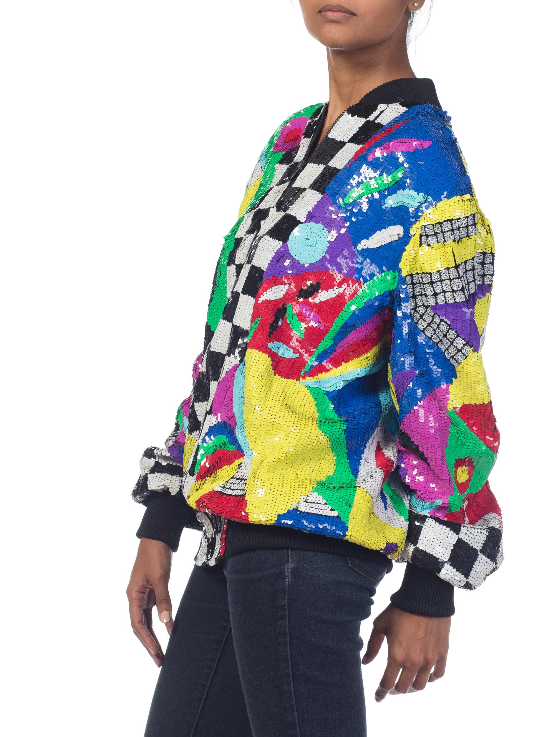 1980S Multicolor Sequin Abstract Art Bomber Jacket 2