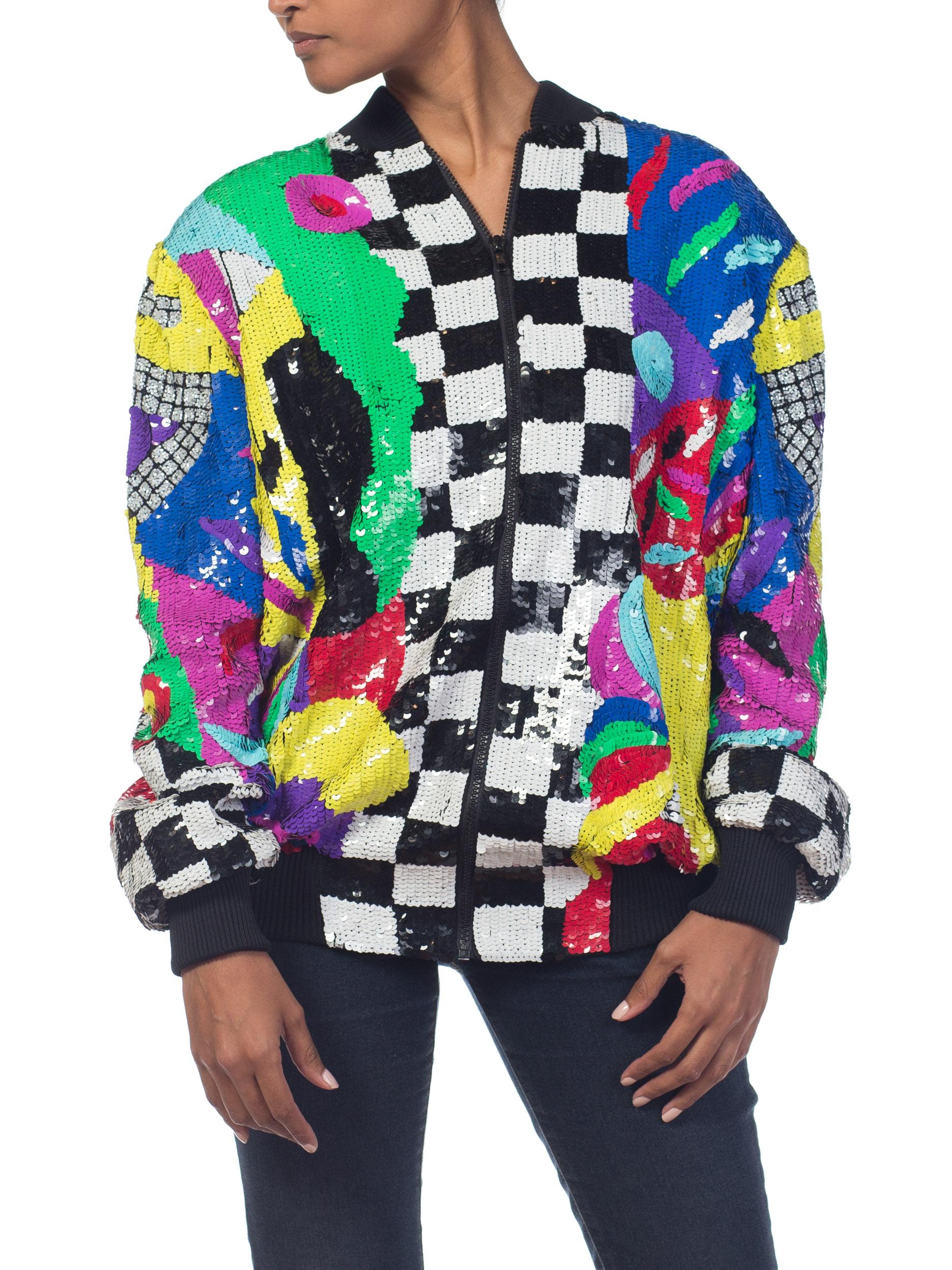 1980S Multicolor Sequin Abstract Art Bomber Jacket 3