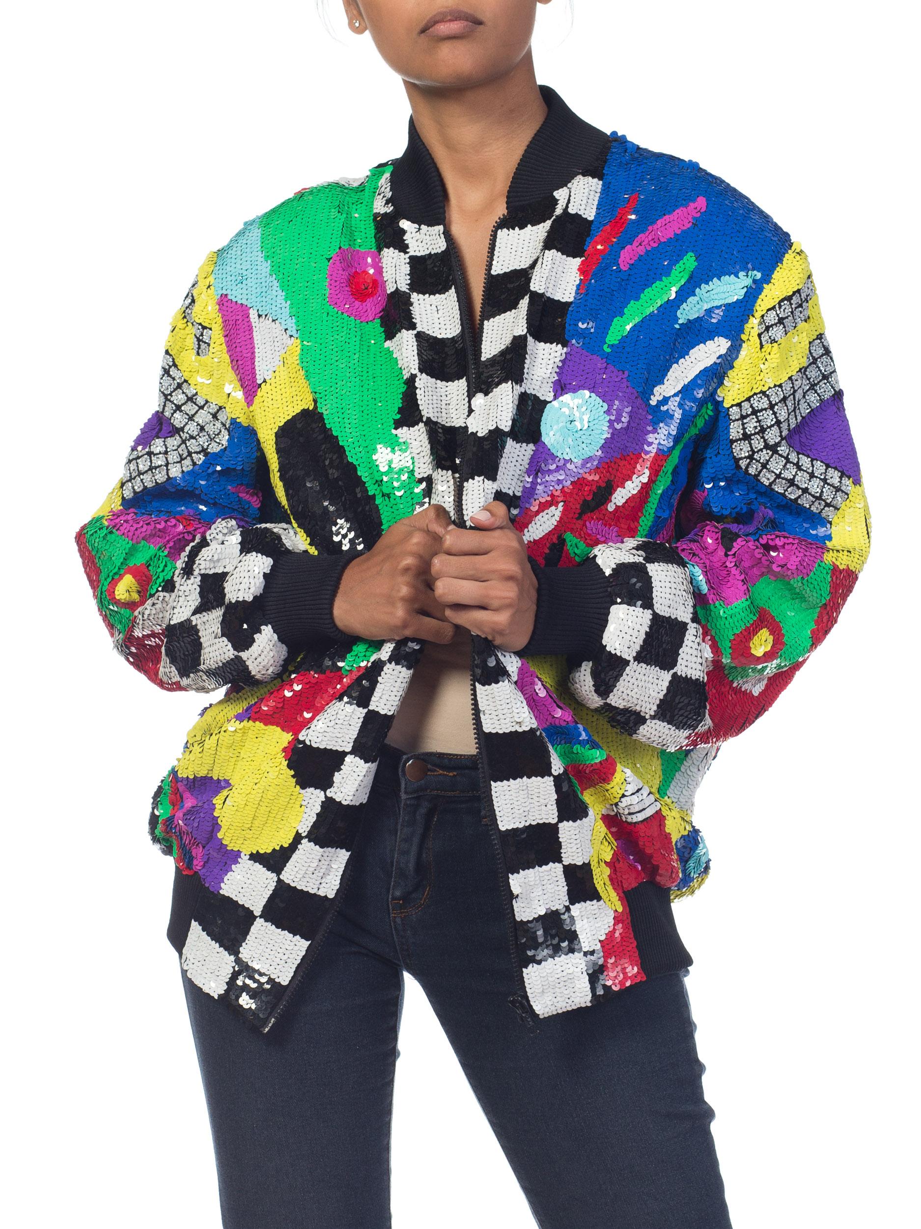 1980S Multicolor Sequin Abstract Art Bomber Jacket 4
