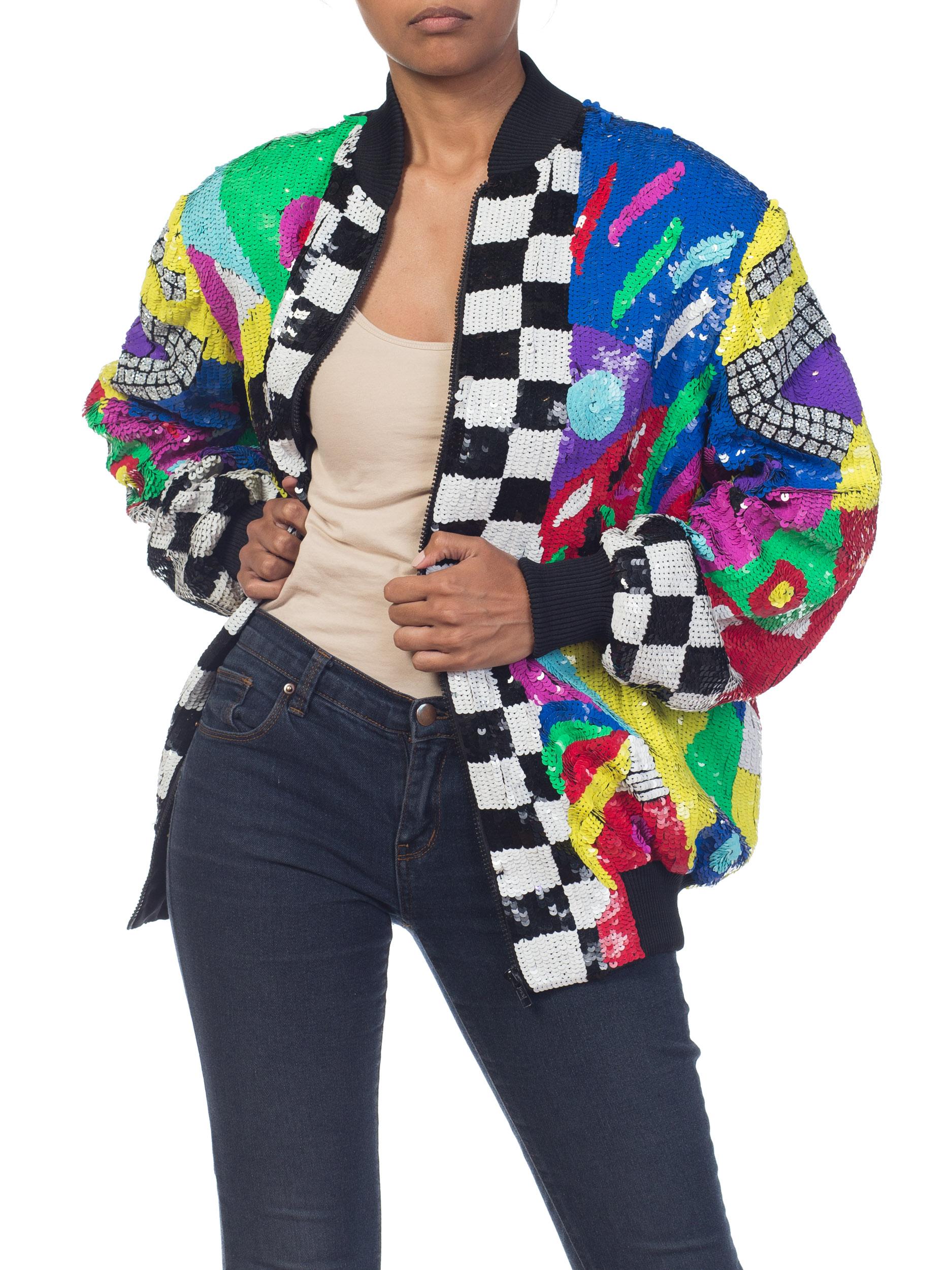 1980S Multicolor Sequin Abstract Art Bomber Jacket 5