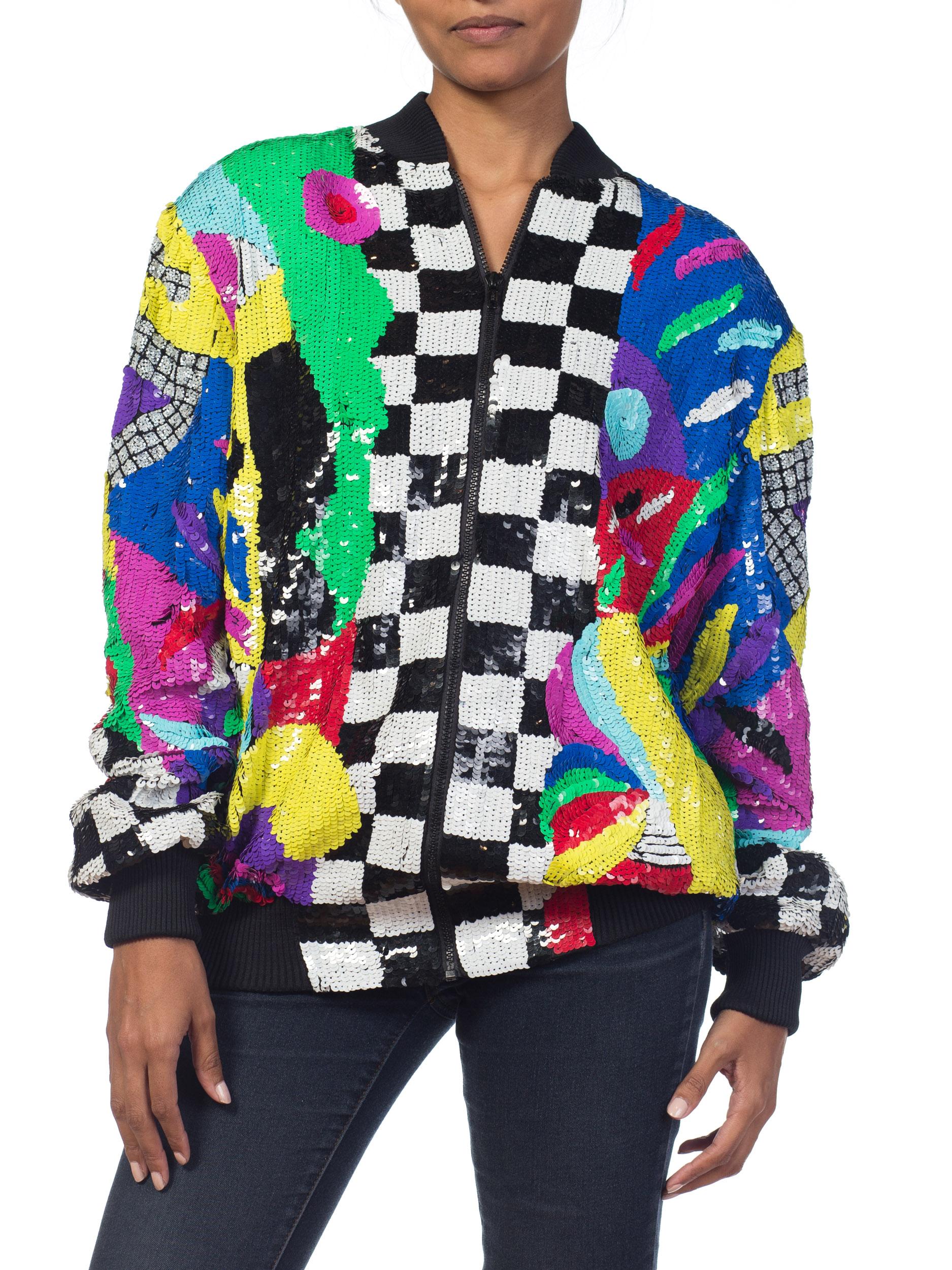 1980S Multicolor Sequin Abstract Art Bomber Jacket 7