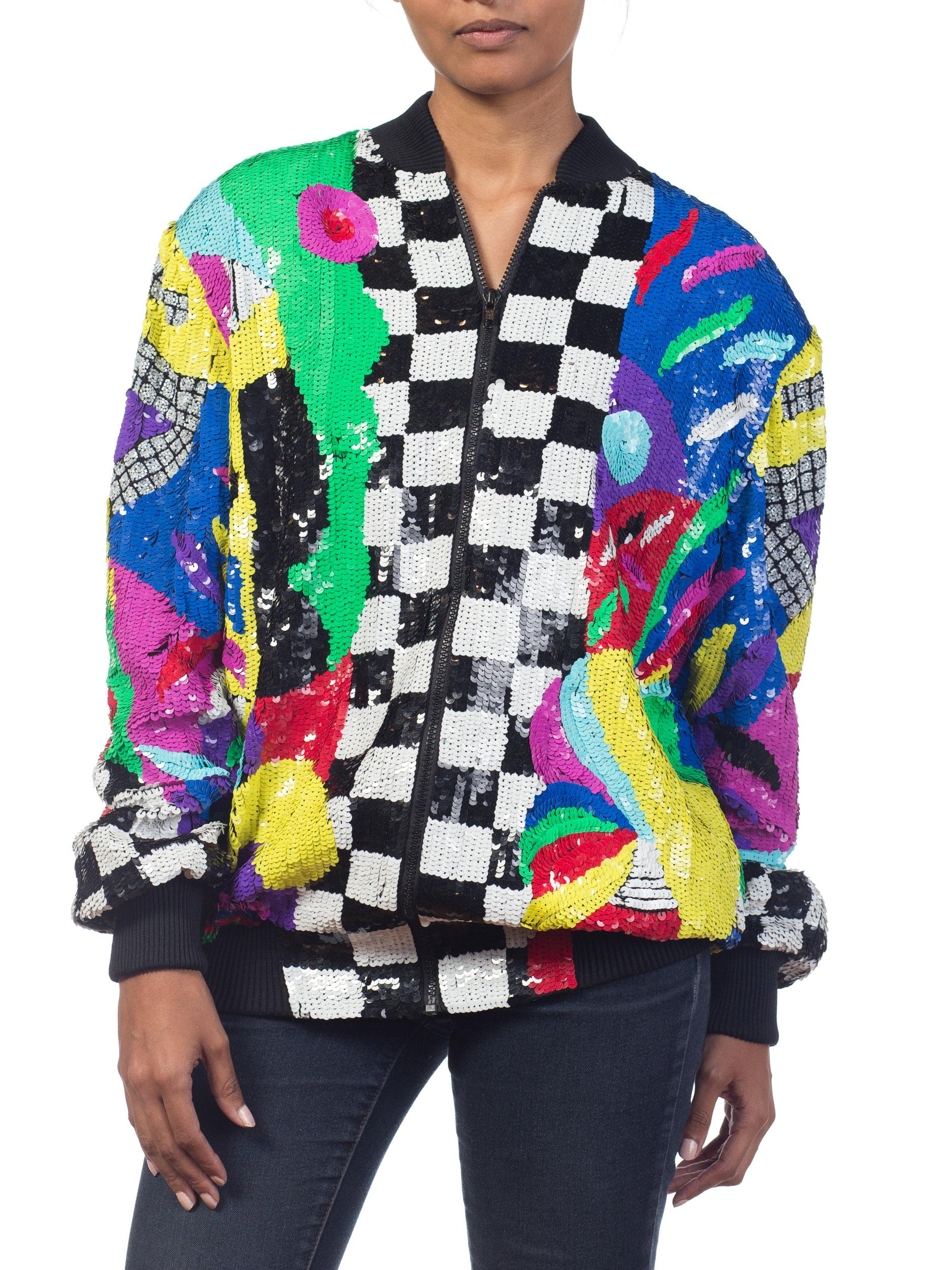 1980S Multicolor Sequin Abstract Art Bomber Jacket 8