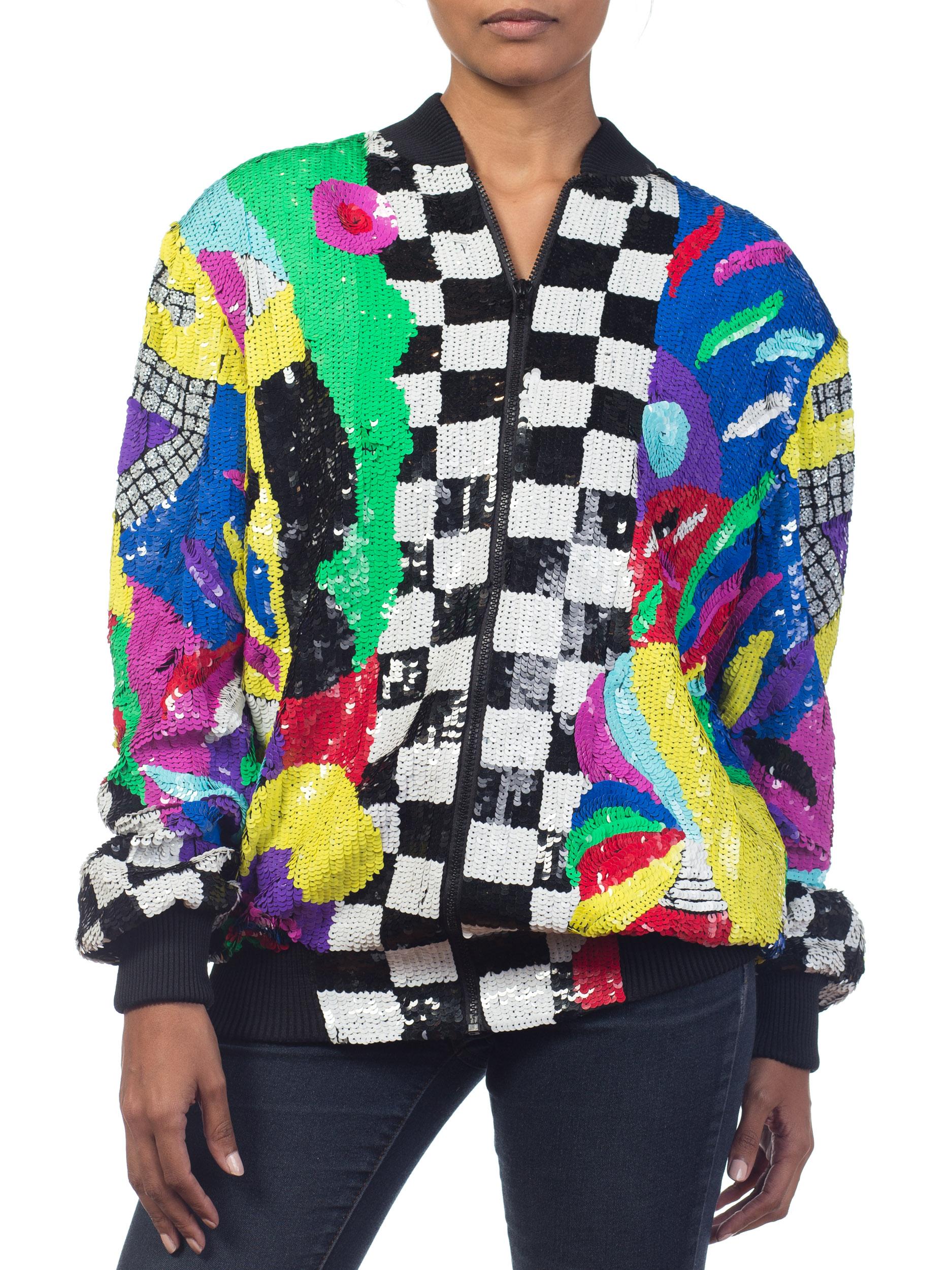 1980S Multicolor Sequin Abstract Art Bomber Jacket 9
