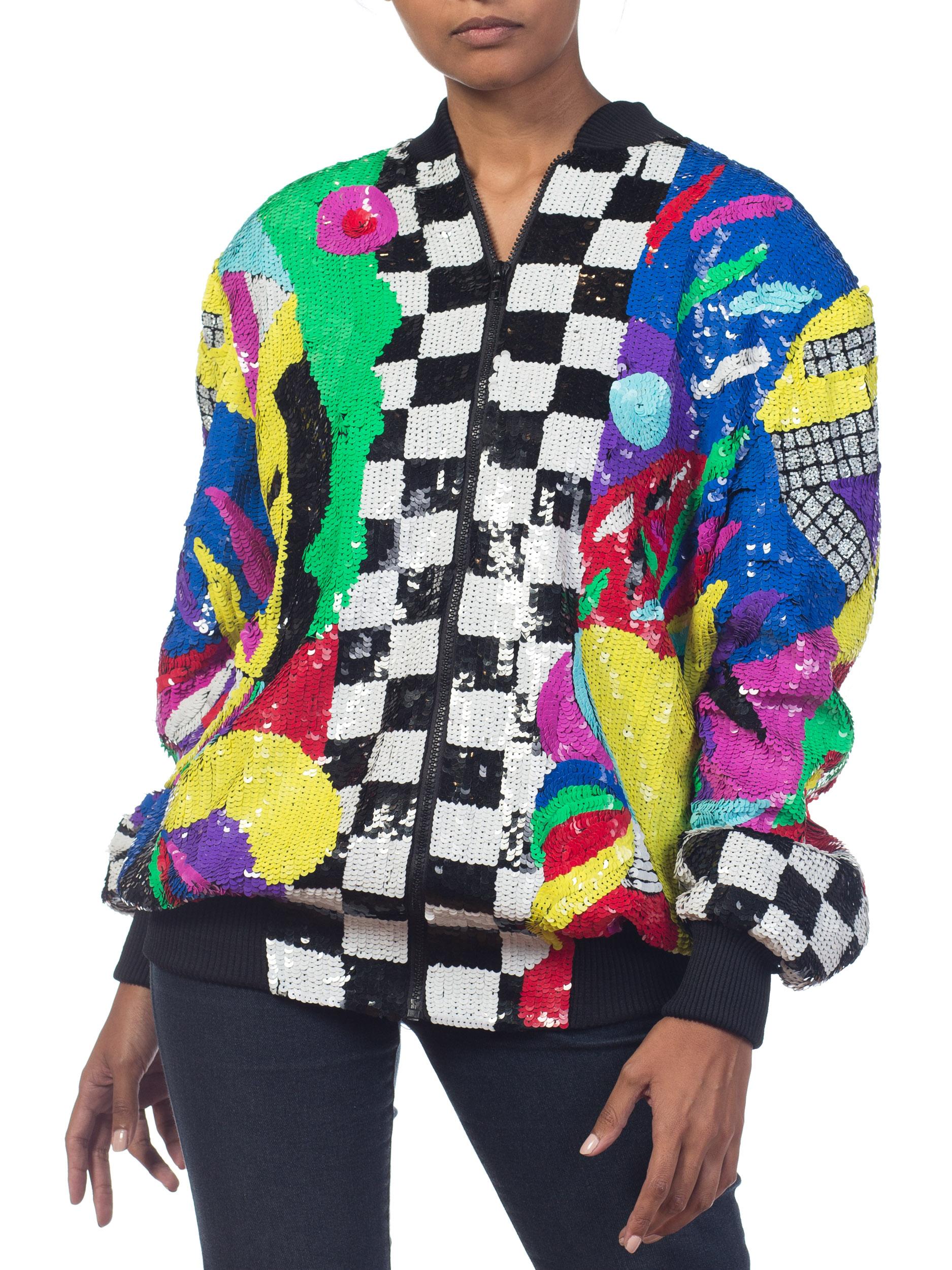 1980S Multicolor Sequin Abstract Art Bomber Jacket 10
