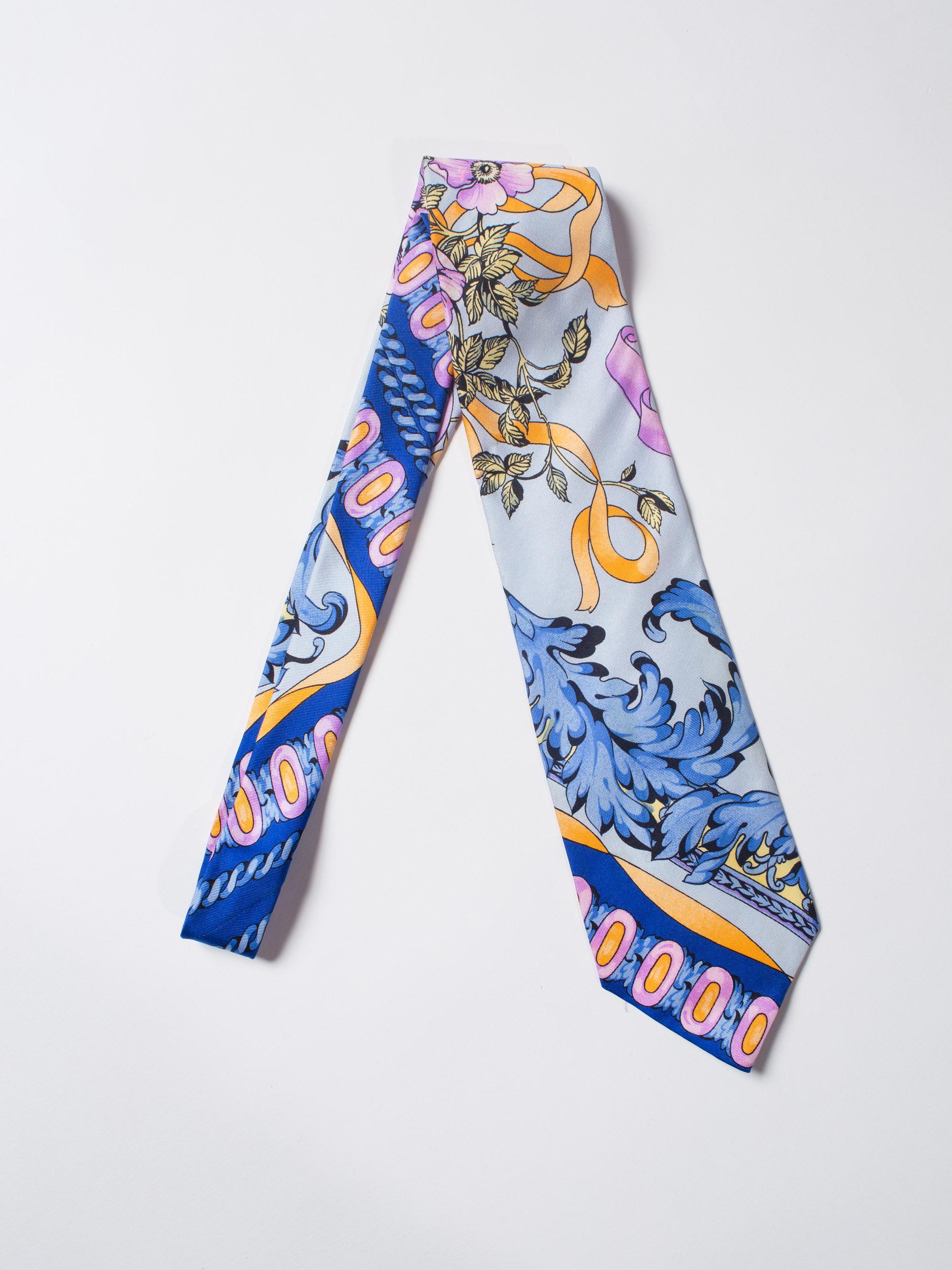 1990S GIANNI VERSACE Pastel Orange, Blue & Purple Baroque Floral Mens Silk Tie In Excellent Condition In New York, NY