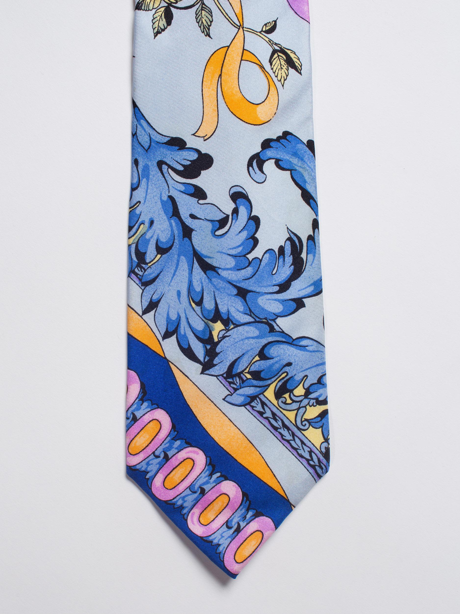 1990S GIANNI VERSACE Pastel Orange, Blue & Purple Baroque Floral Mens Silk Tie 1