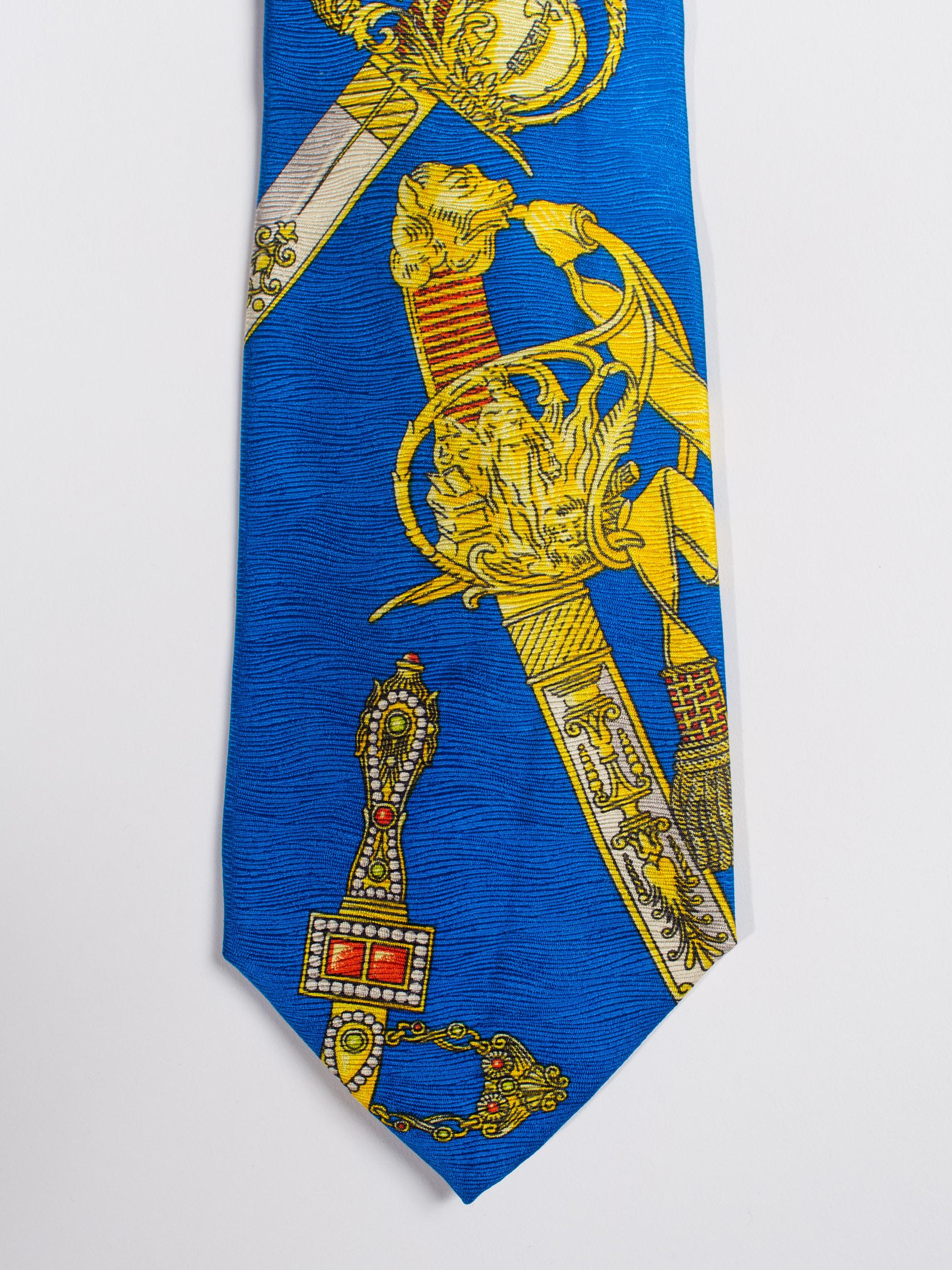 Men's 1990s Gianni Versace Bright Blue Mens Silk Tie With Gold Swords