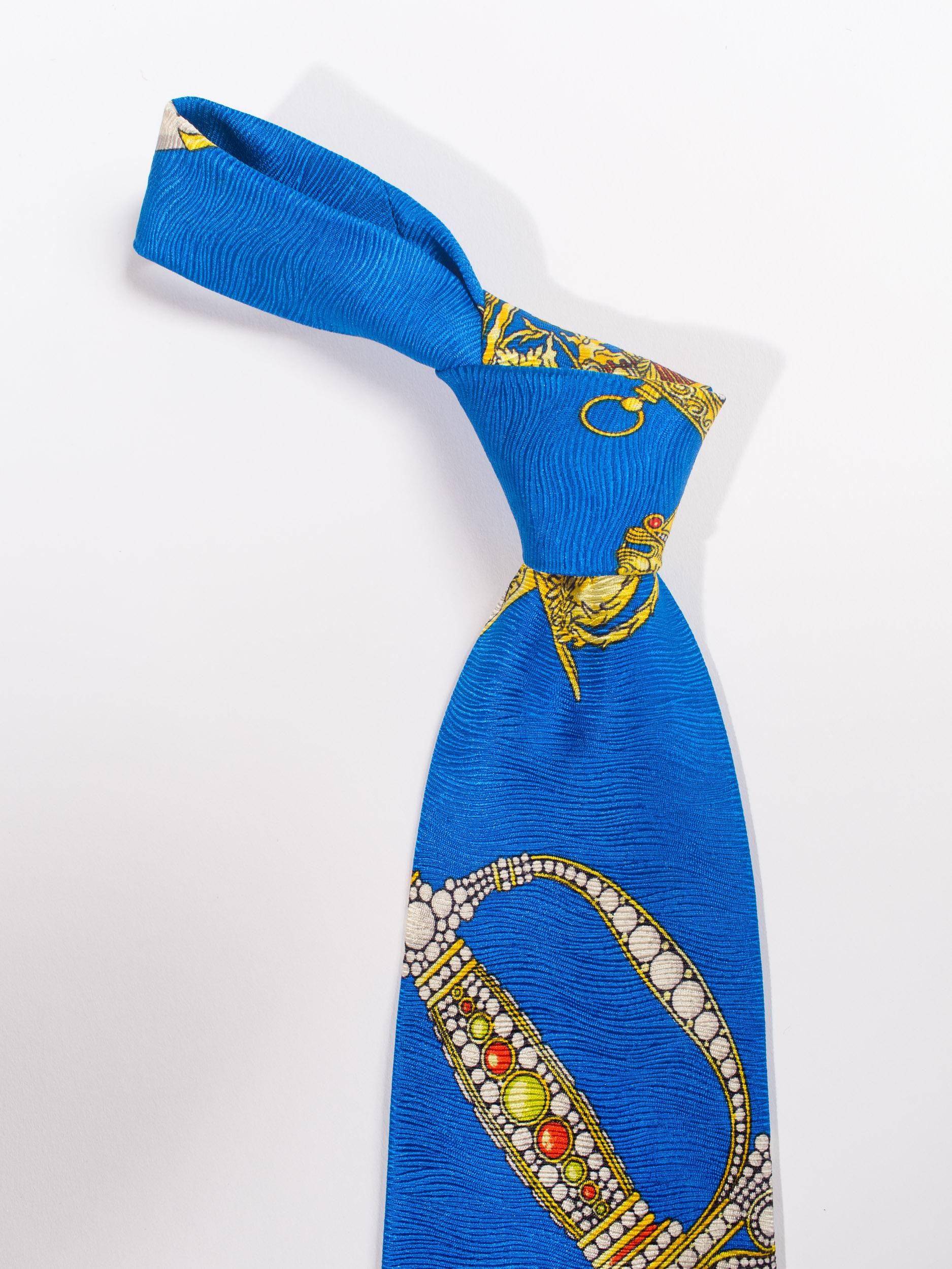 1990s Gianni Versace Bright Blue Mens Silk Tie With Gold Swords 1