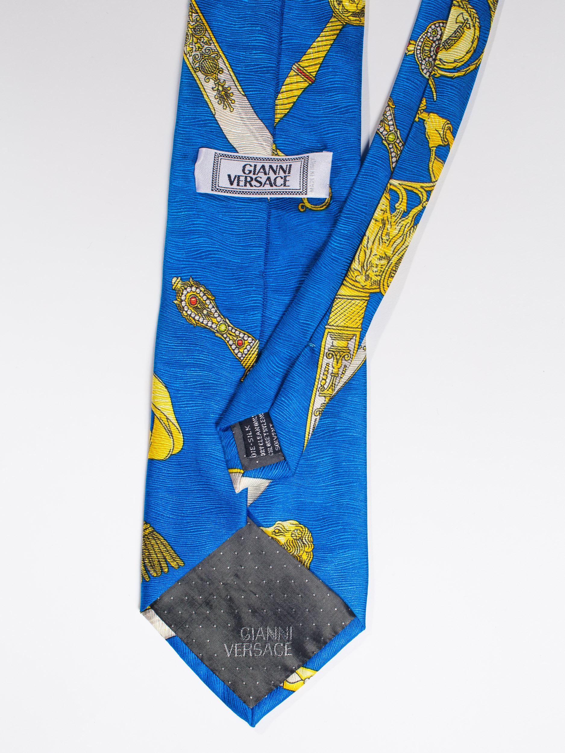 1990s Gianni Versace Bright Blue Mens Silk Tie With Gold Swords 4