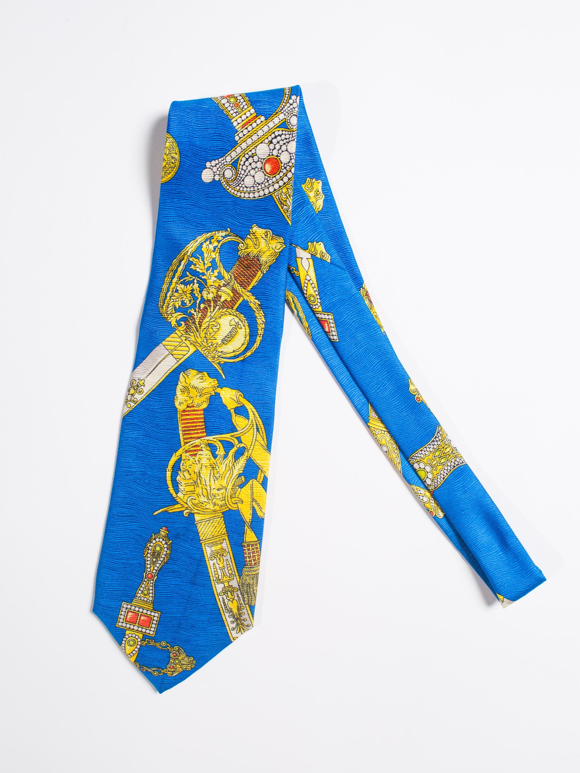 1990s Gianni Versace Bright Blue Mens Silk Tie With Gold Swords 5