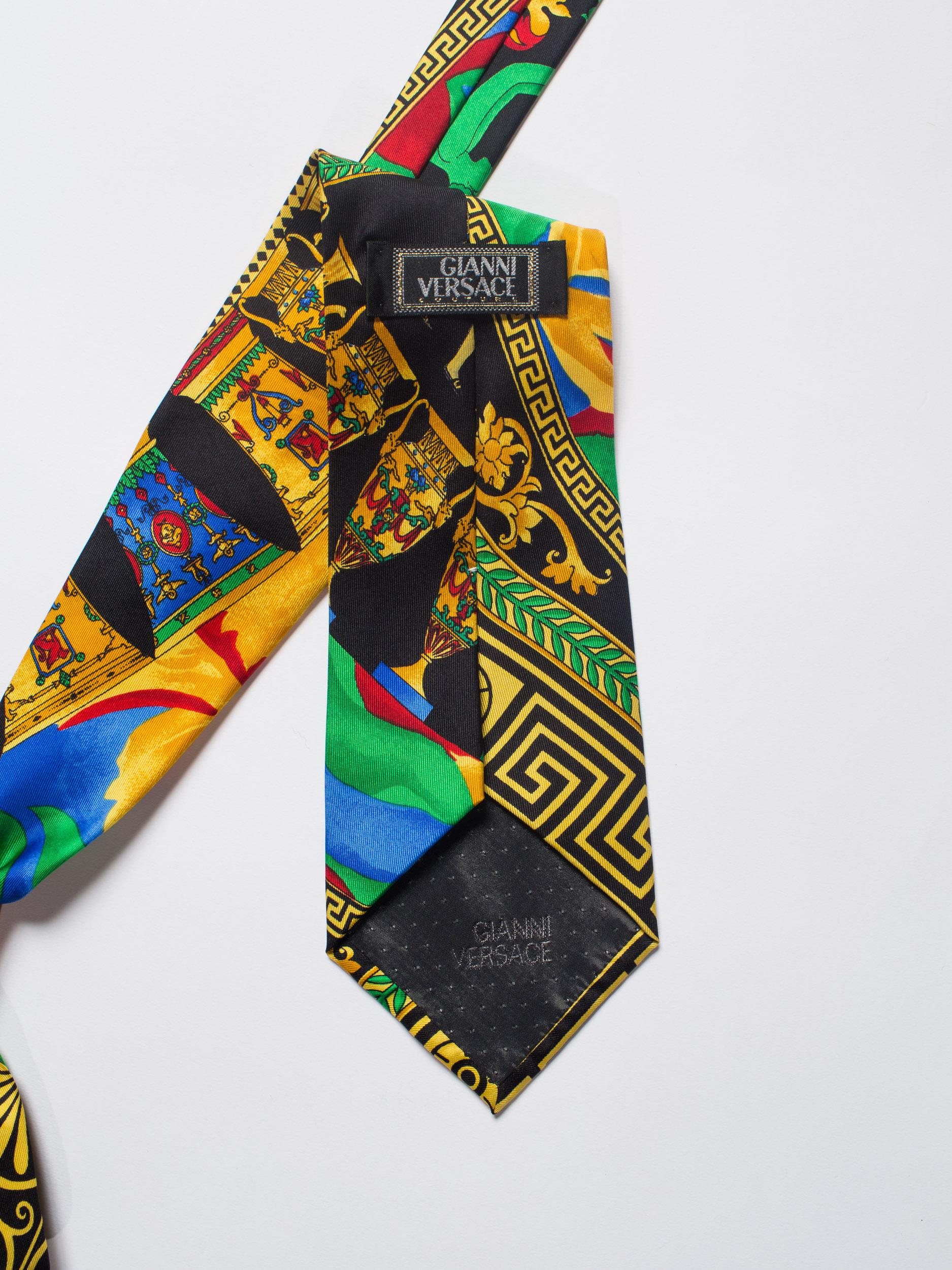 Black 1990s Gianni Versace Greek Key and Vase Printed Silk Tie