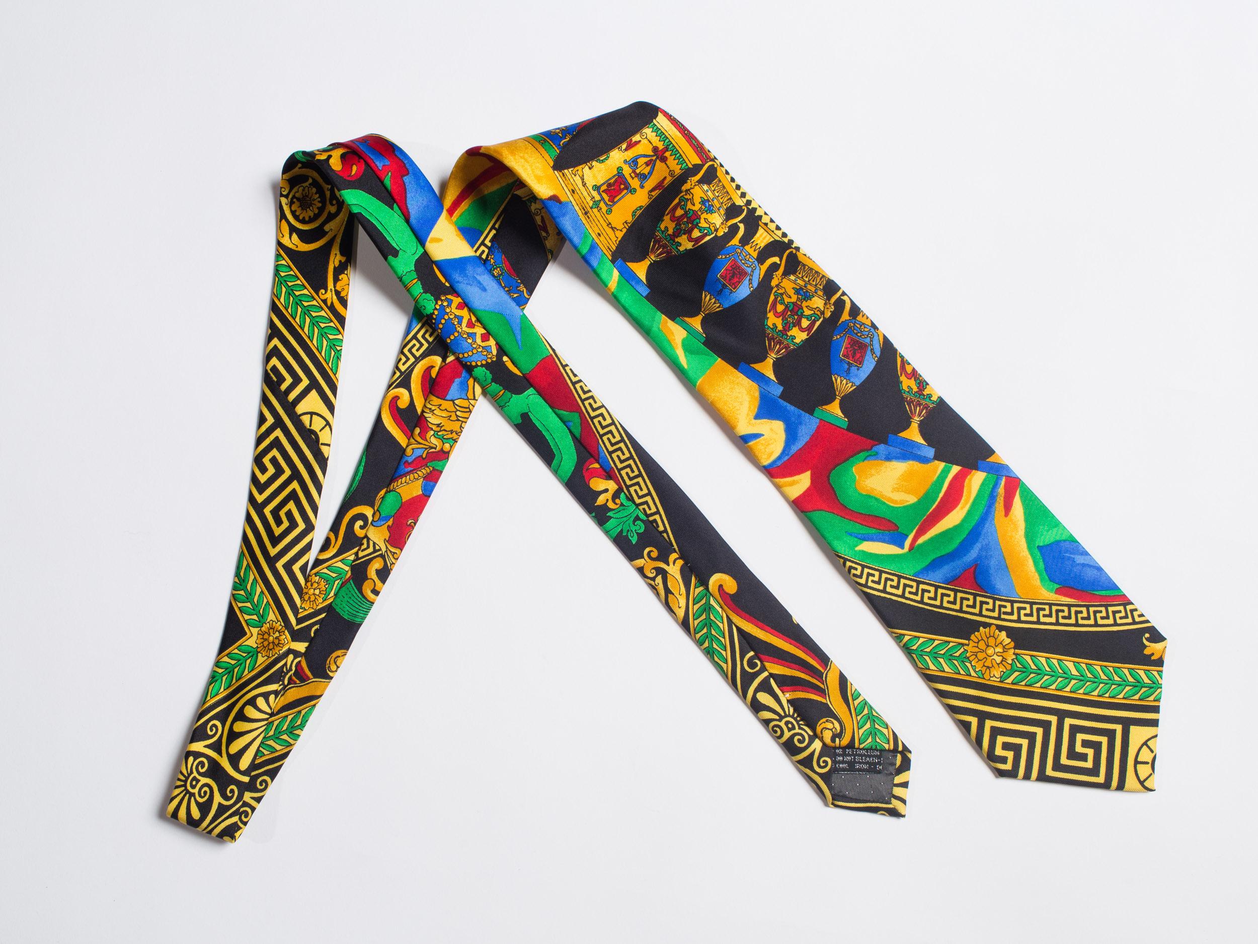 1990s Gianni Versace Greek Key and Vase Printed Silk Tie 1