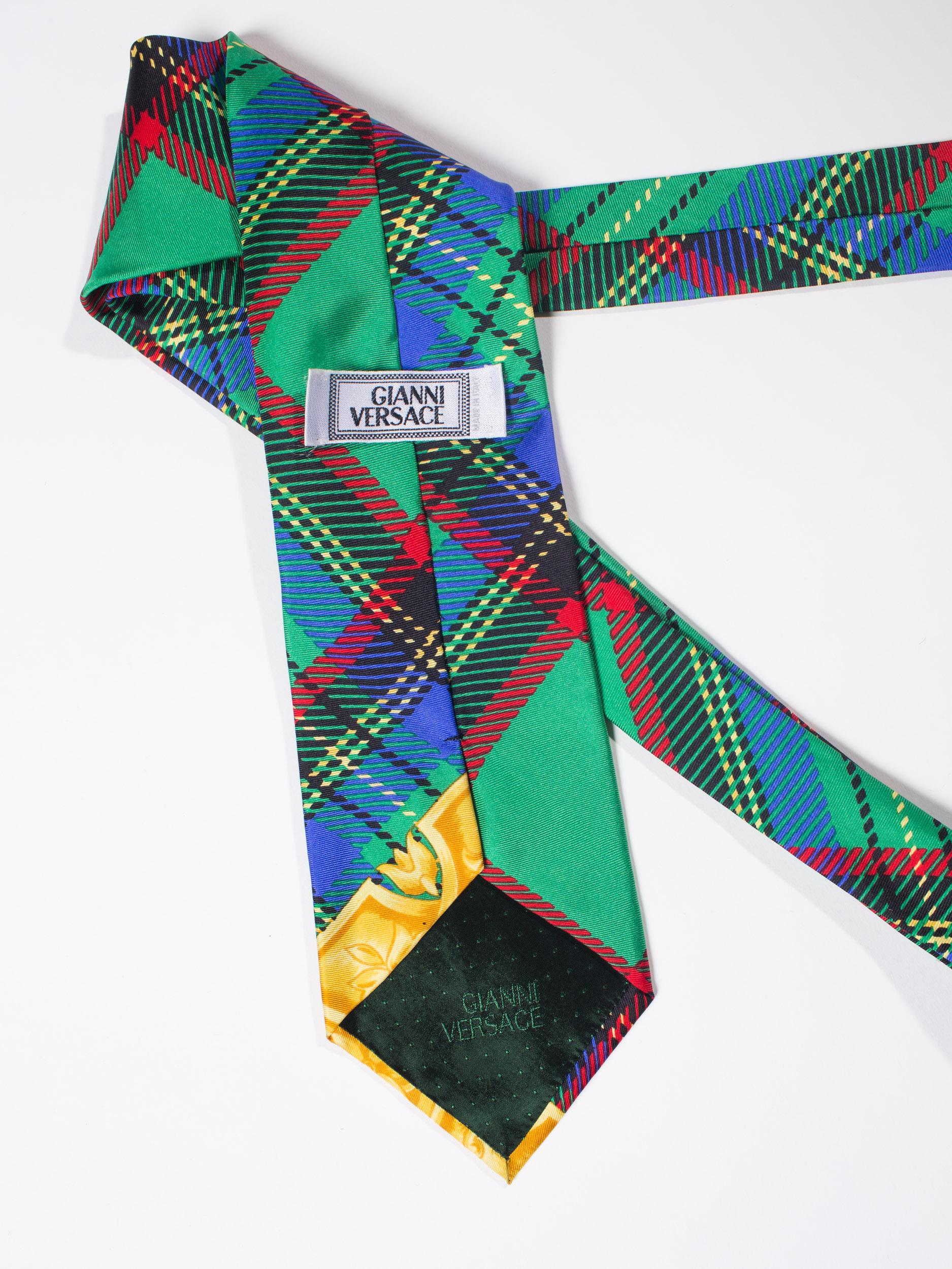 Women's 1990S GIANNI VERSACE Green Plaid Mens Silk Tie For Sale