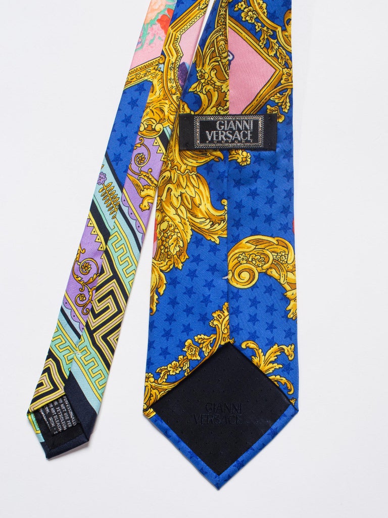 1990s Gianni Versace Baroque Floral and Blue Dot Mens Silk Tie For Sale