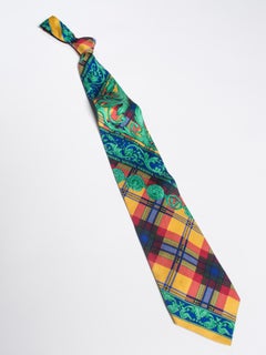 1990S  GIANNI VERSACE Silk Baroque Green Plaid & Scroll Tie