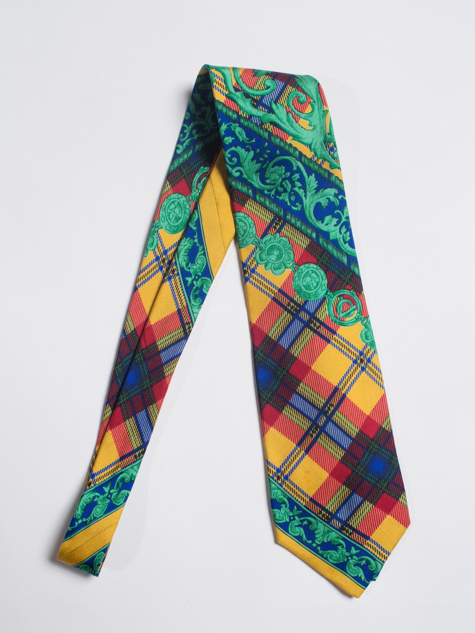 Women's 1990S  GIANNI VERSACE Baroque Green Plaid & Scroll Silk Mens Tie For Sale