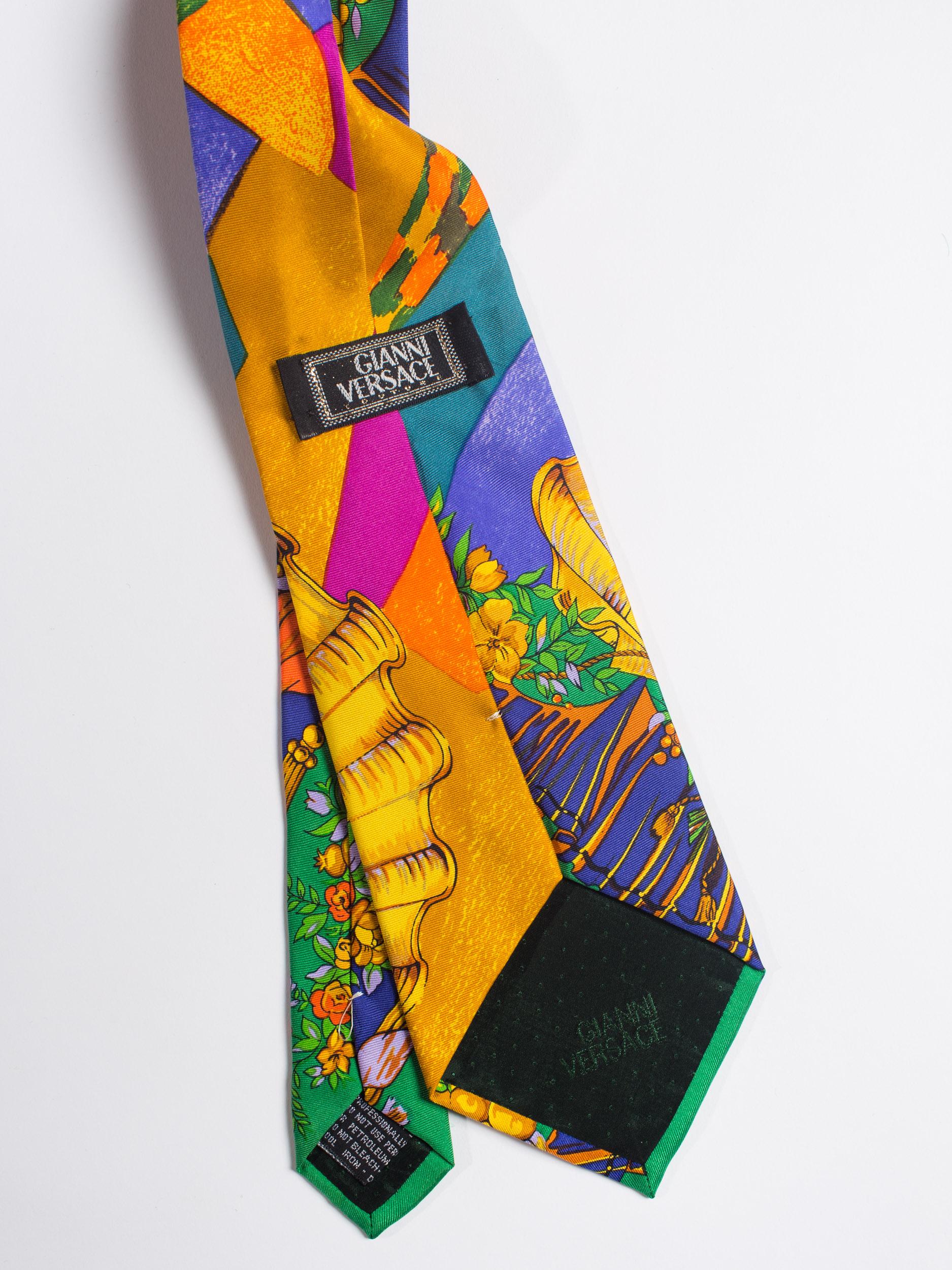 Brown 1990S  GIANNI VERSACE Hand-Printed Baroque Deco Mens Tie For Sale