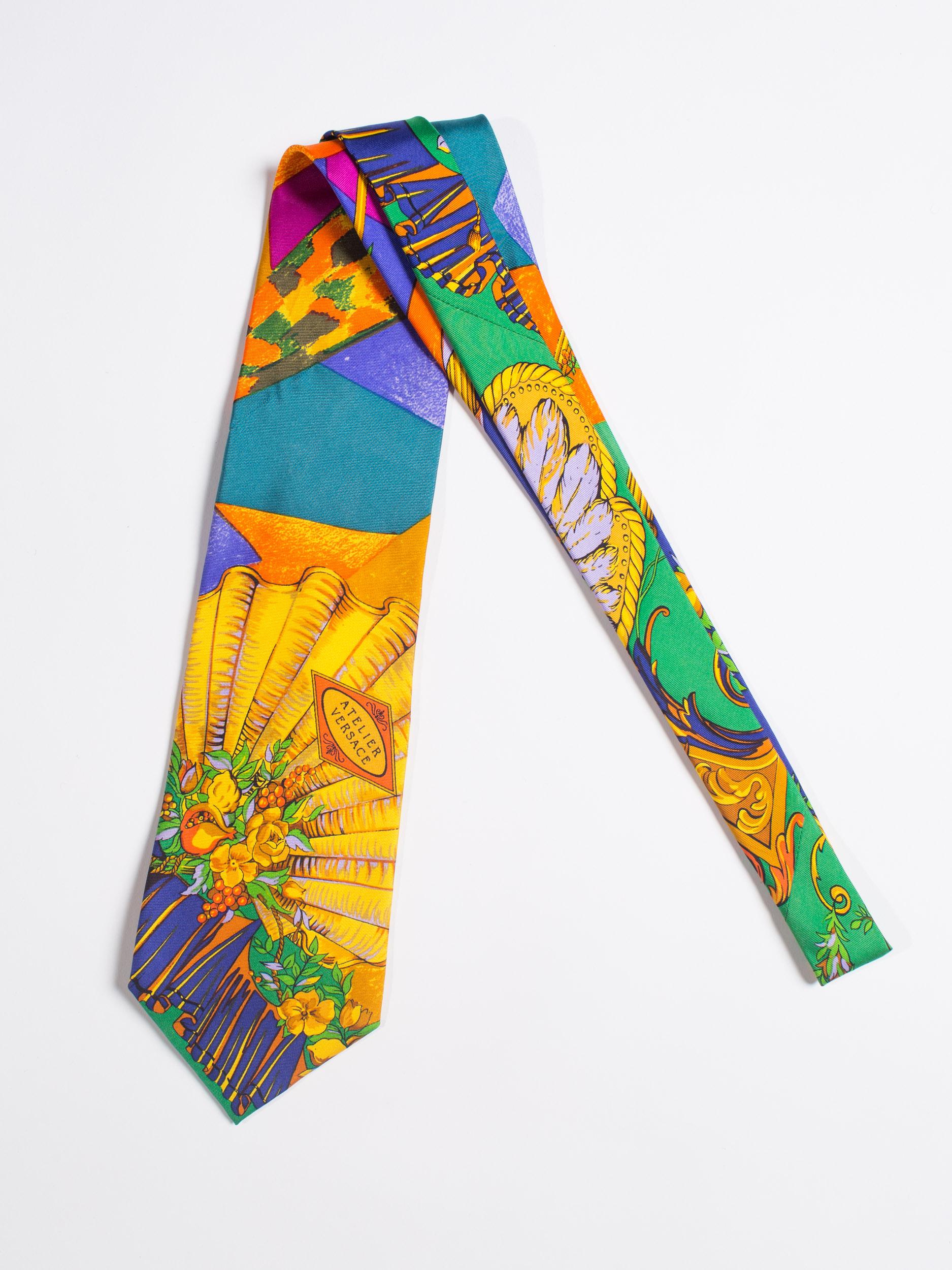 1990S  GIANNI VERSACE Hand-Printed Baroque Deco Mens Tie In Excellent Condition For Sale In New York, NY