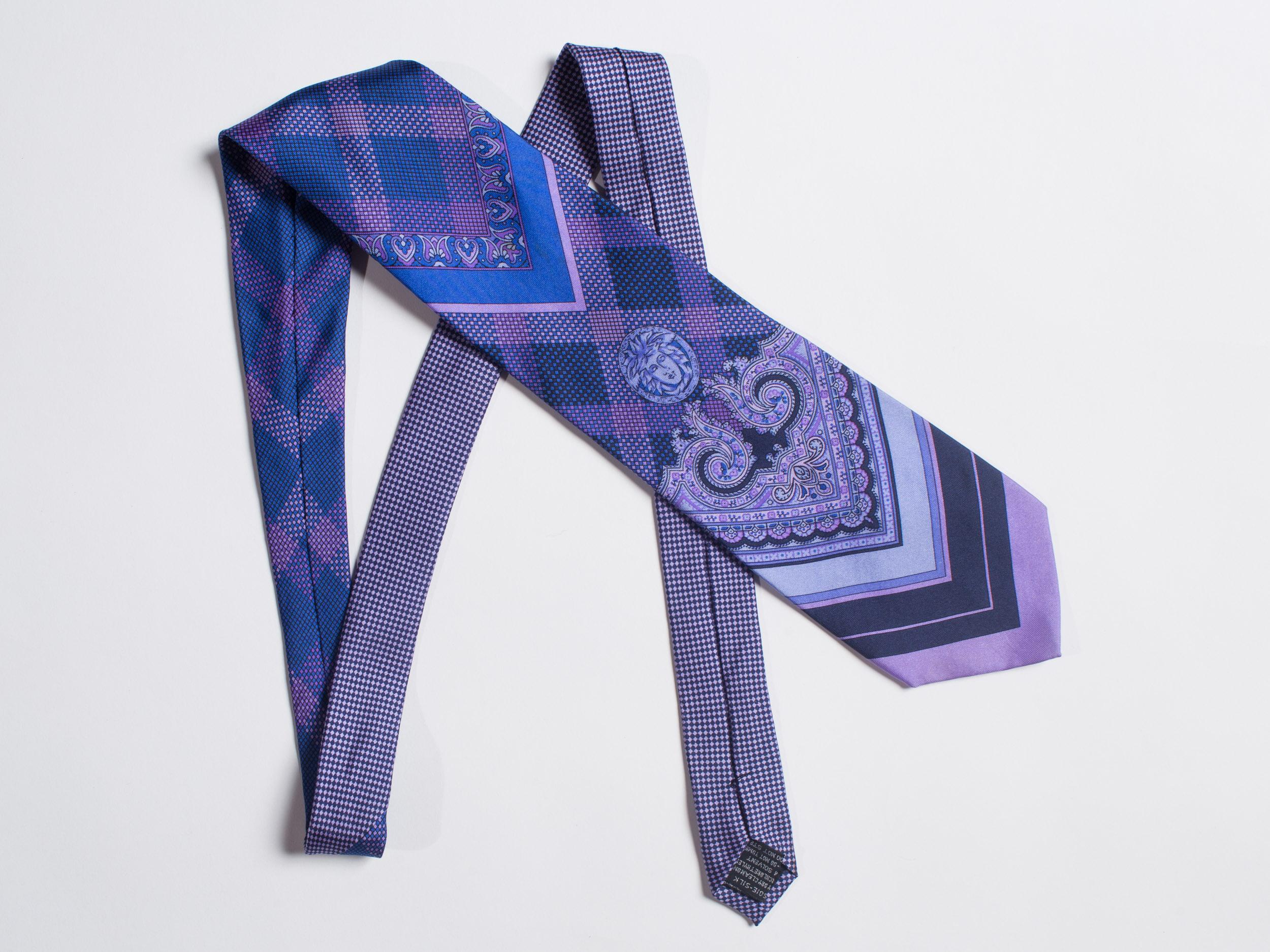 Women's 1990S  GIANNI VERSACE Blue & Purple Medusa Logo Men's Silk Tie
