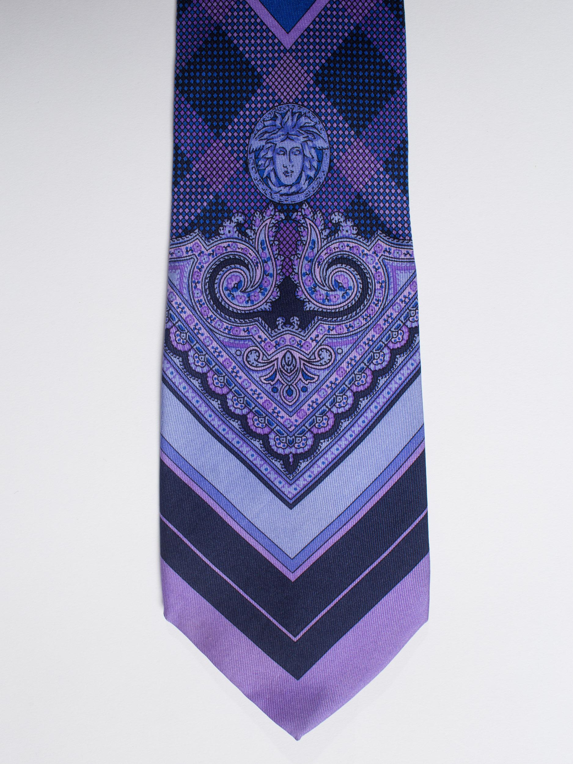 1990S  GIANNI VERSACE Blue & Purple Medusa Logo Men's Silk Tie 1