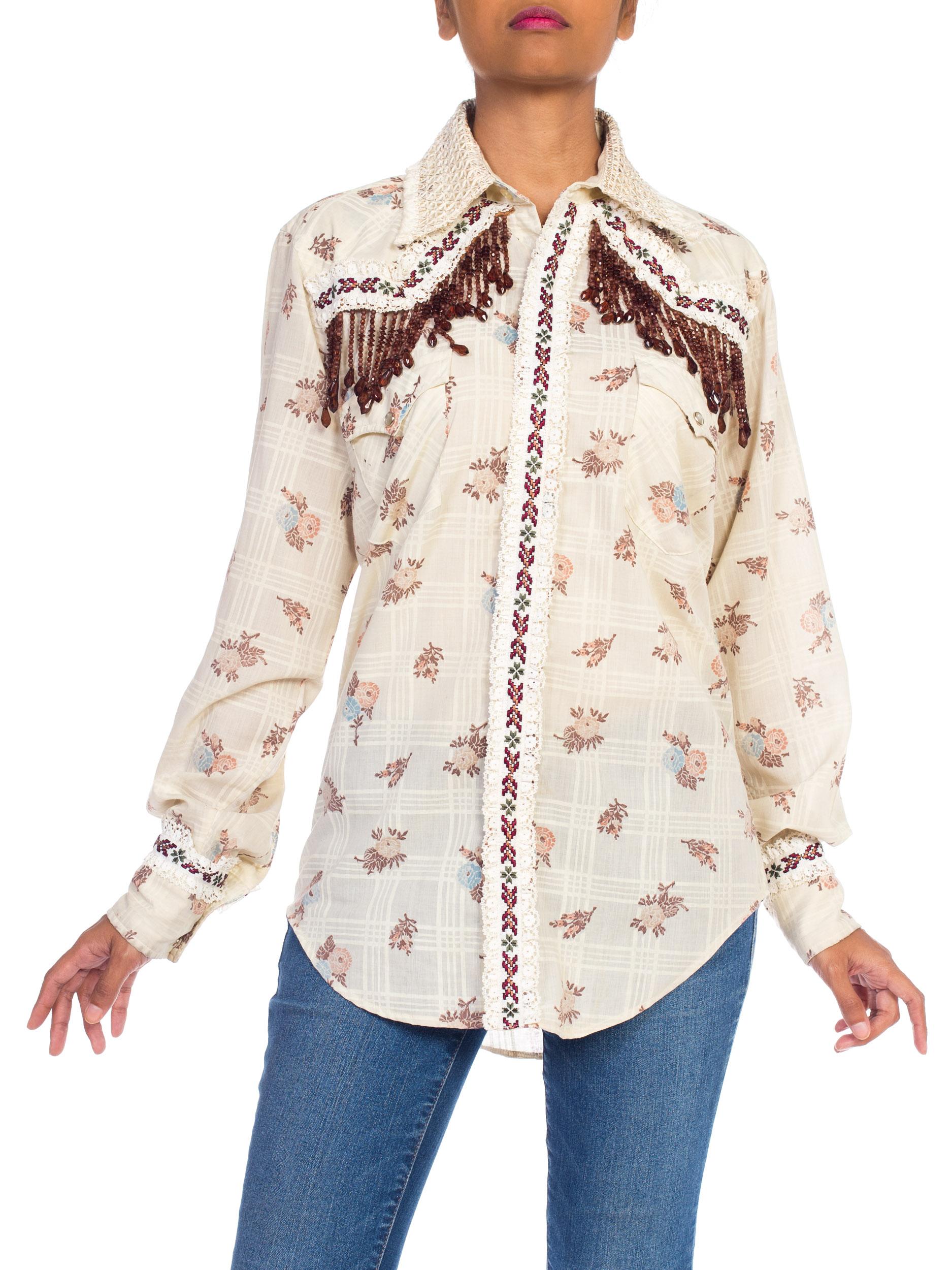 Beige 1970s Wrangler Floral Print Western Top With Lace and Ribbon