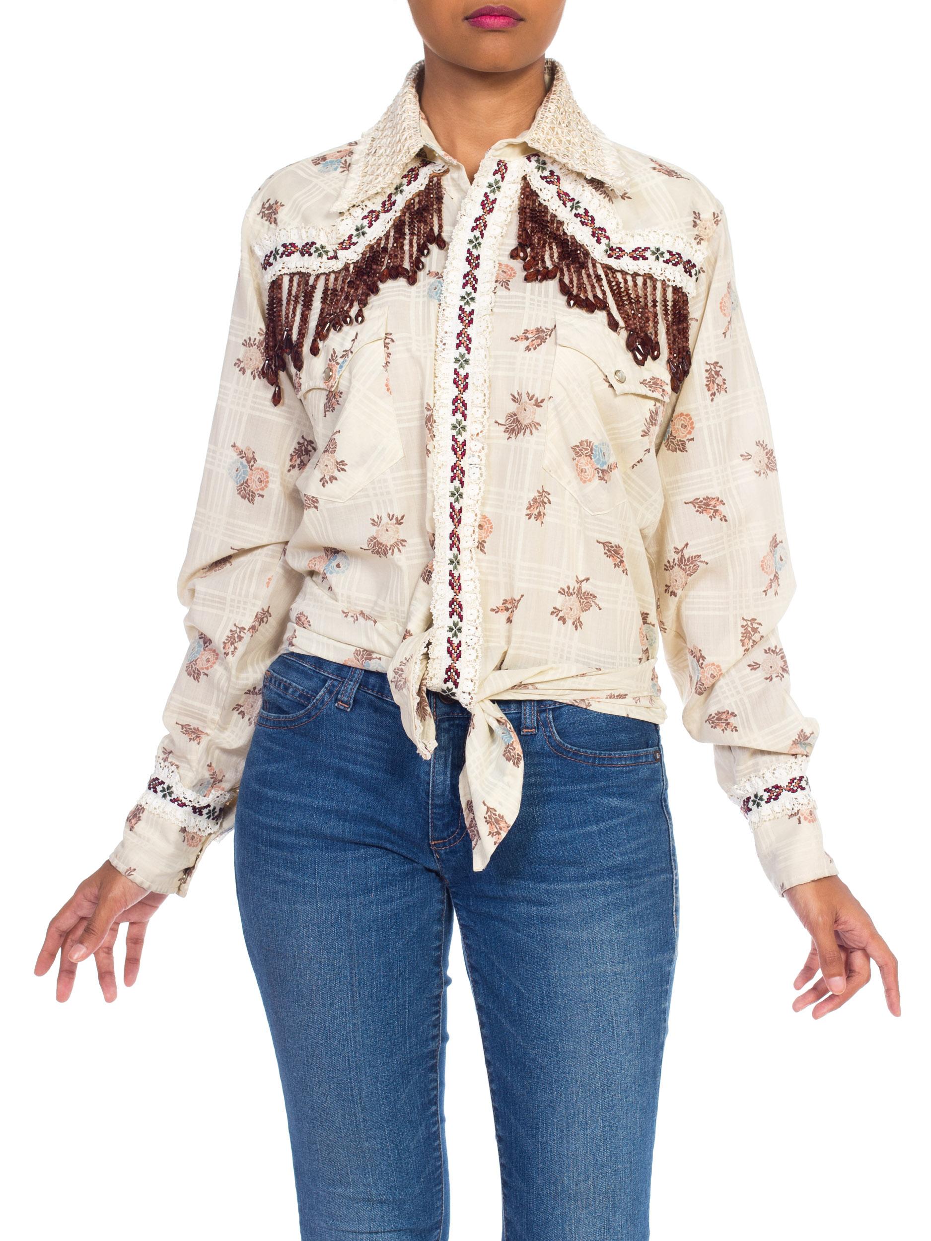 Women's 1970s Wrangler Floral Print Western Top With Lace and Ribbon