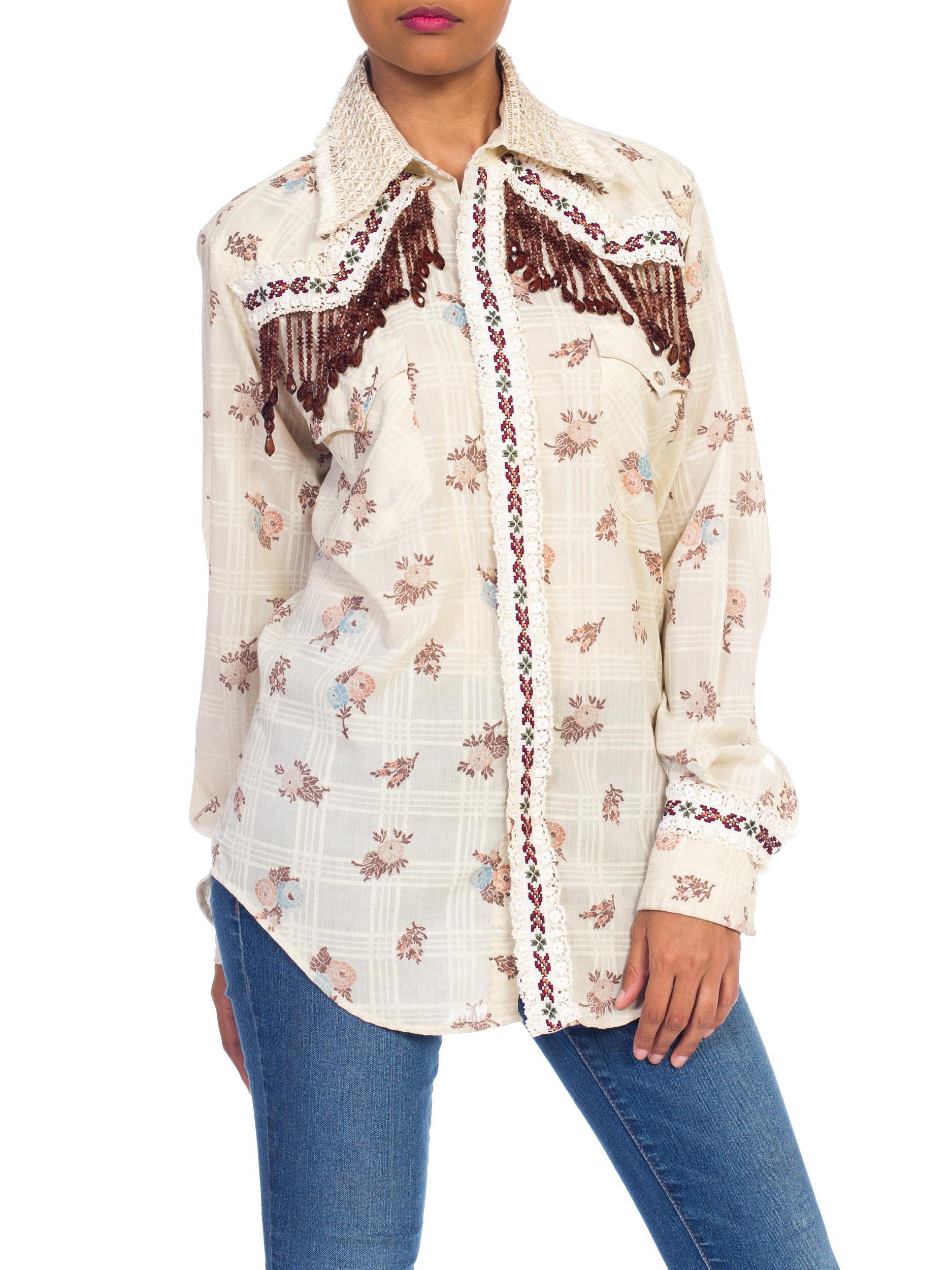 1970s Wrangler Floral Print Western Top With Lace and Ribbon 1