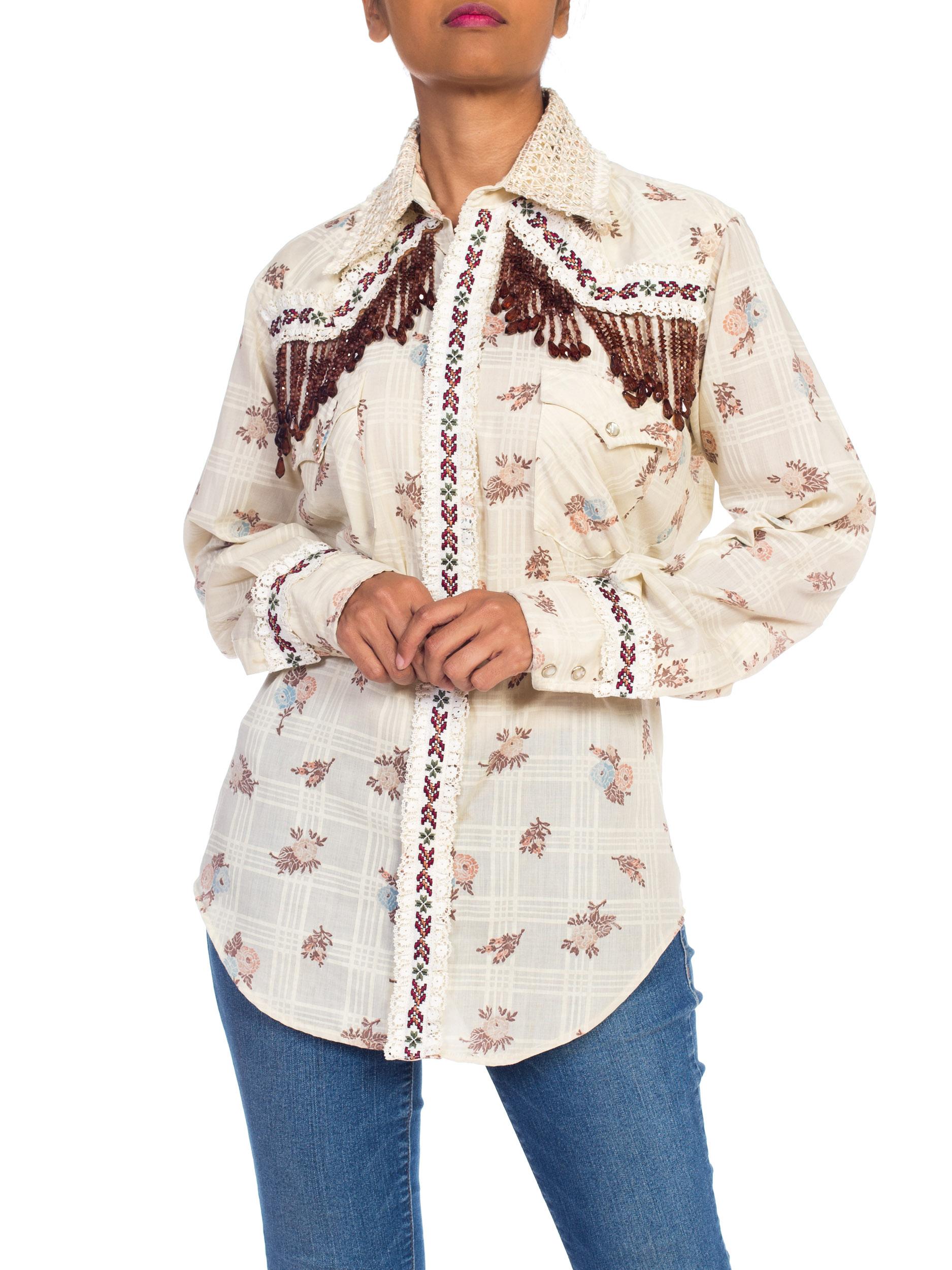 1970s Wrangler Floral Print Western Top With Lace and Ribbon 8