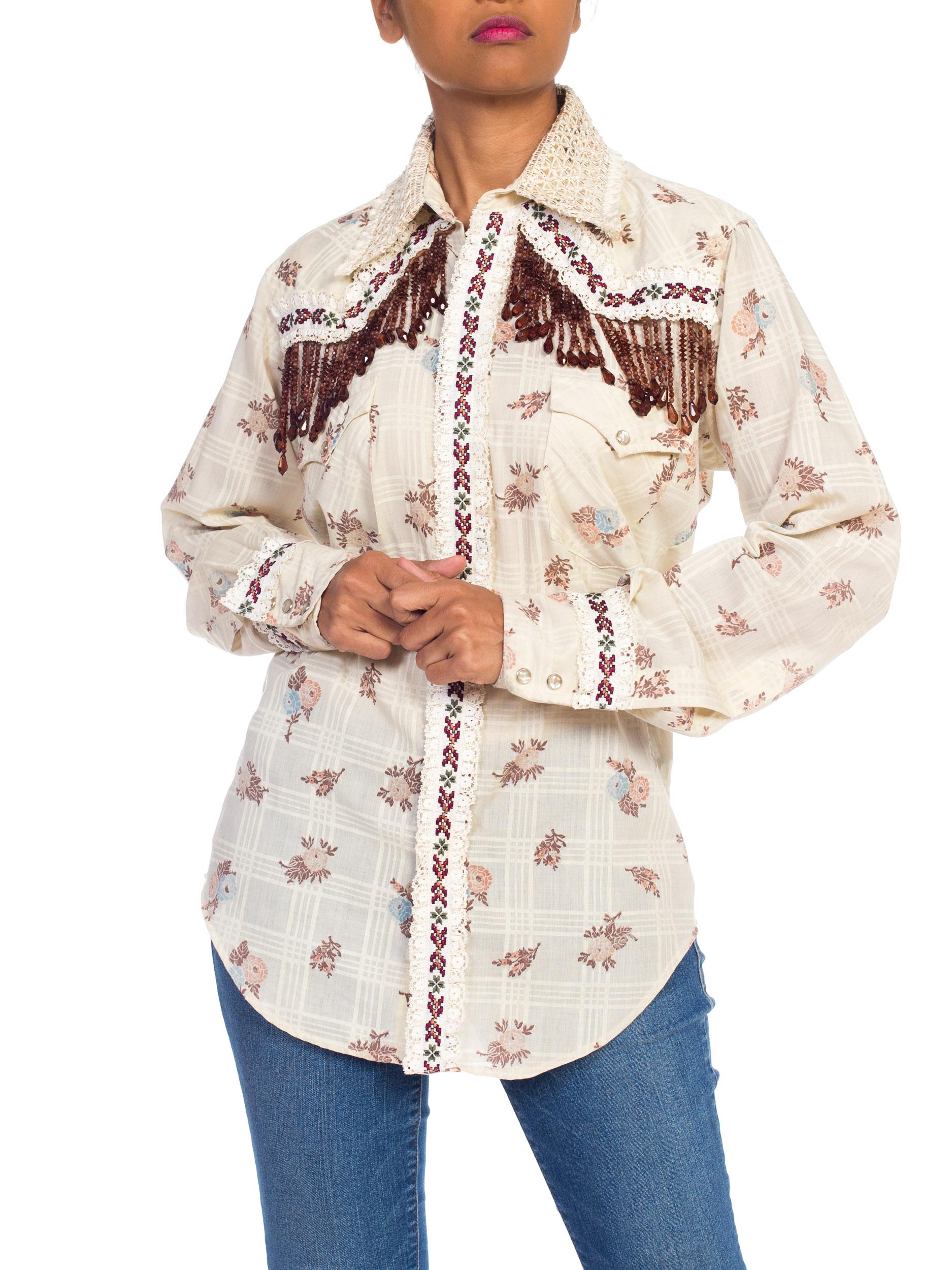 1970s Wrangler Floral Print Western Top With Lace and Ribbon 9