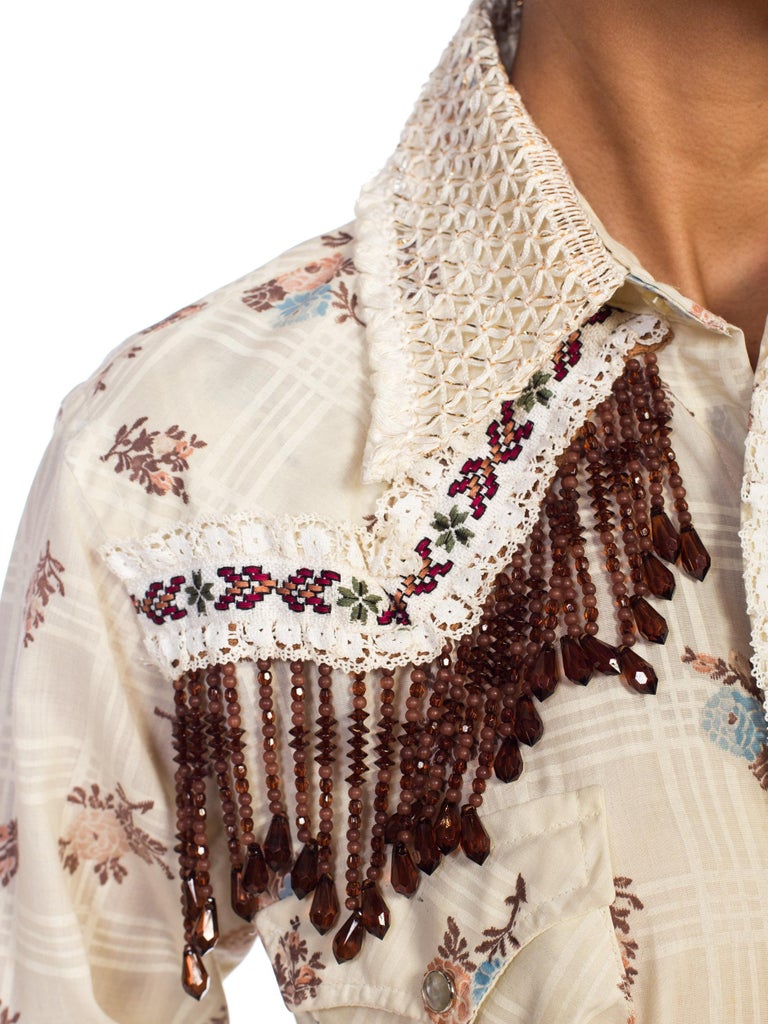 1970s Wrangler Floral Print Western Top With Lace and Ribbon at 1stDibs